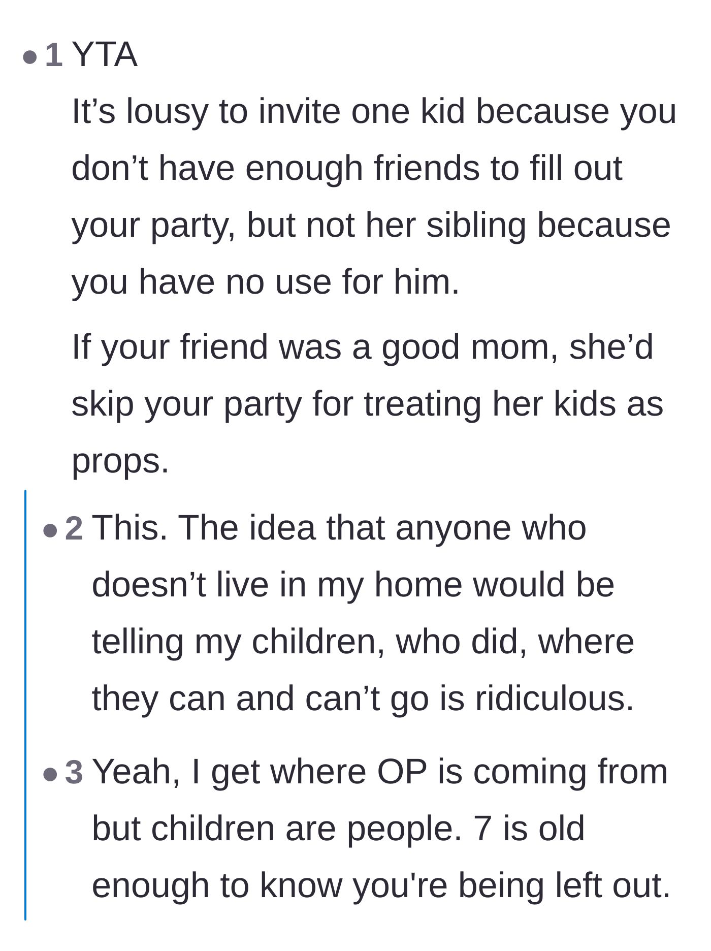 Comment thread 4 - Backlash against the host for treating the friend's children like convenient party props.