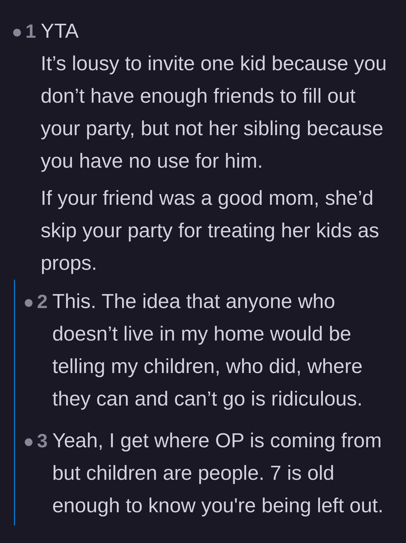 Comment thread 4 - Backlash against the host for treating the friend's children like convenient party props.