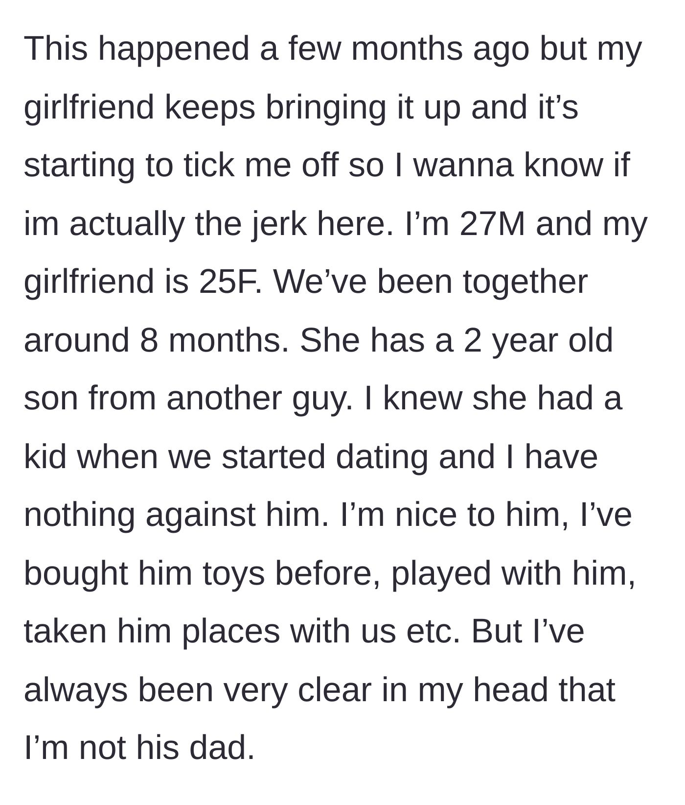Story part 1 - The boyfriend explains the eight-month relationship timeline and his clear boundaries regarding his girlfriend's two-year-old son.