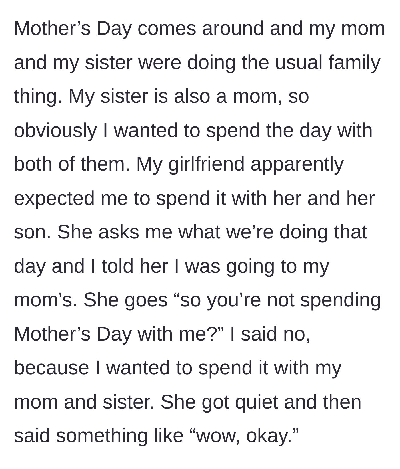 Story part 2 - The boyfriend reveals his plans to spend Mother's Day with his actual mom and sister, leading to a shocked reaction from his girlfriend.