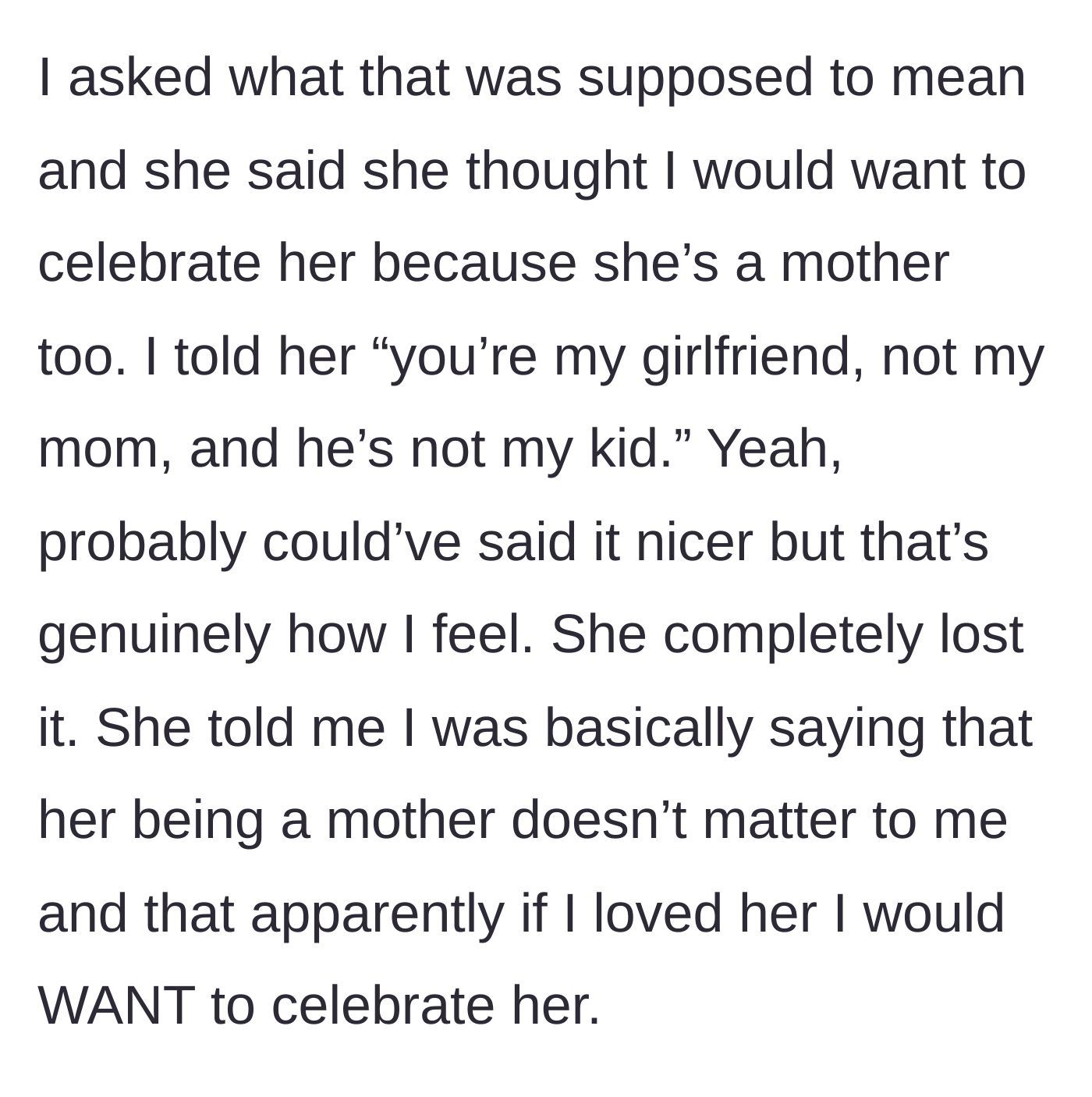 Story part 3 - The couple argues as the boyfriend bluntly states she is his girlfriend, not his mother, causing her to lose her temper.