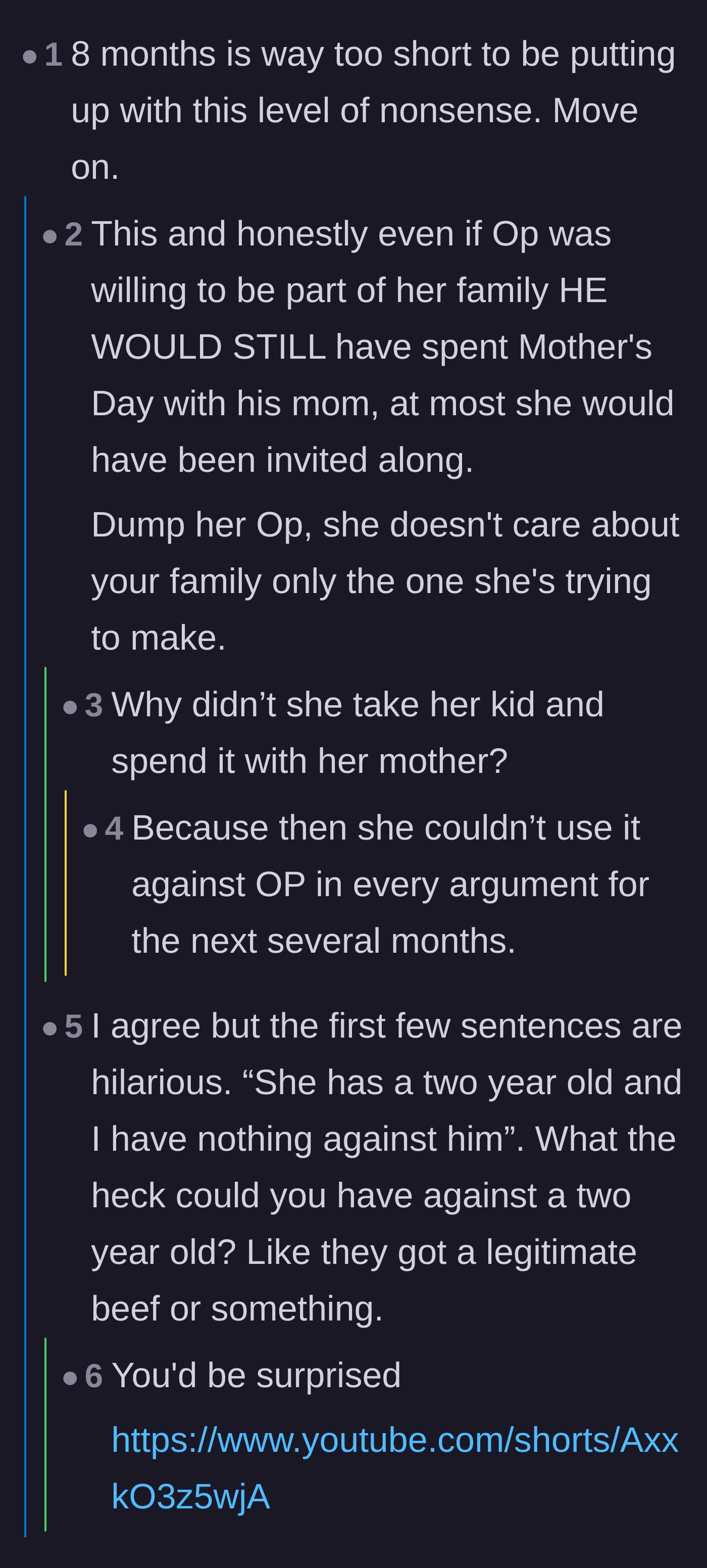 Comment thread 3 - Readers pointing out the absurdity of dealing with this much drama so early on, with a joke about having a personal vendetta against a toddler.