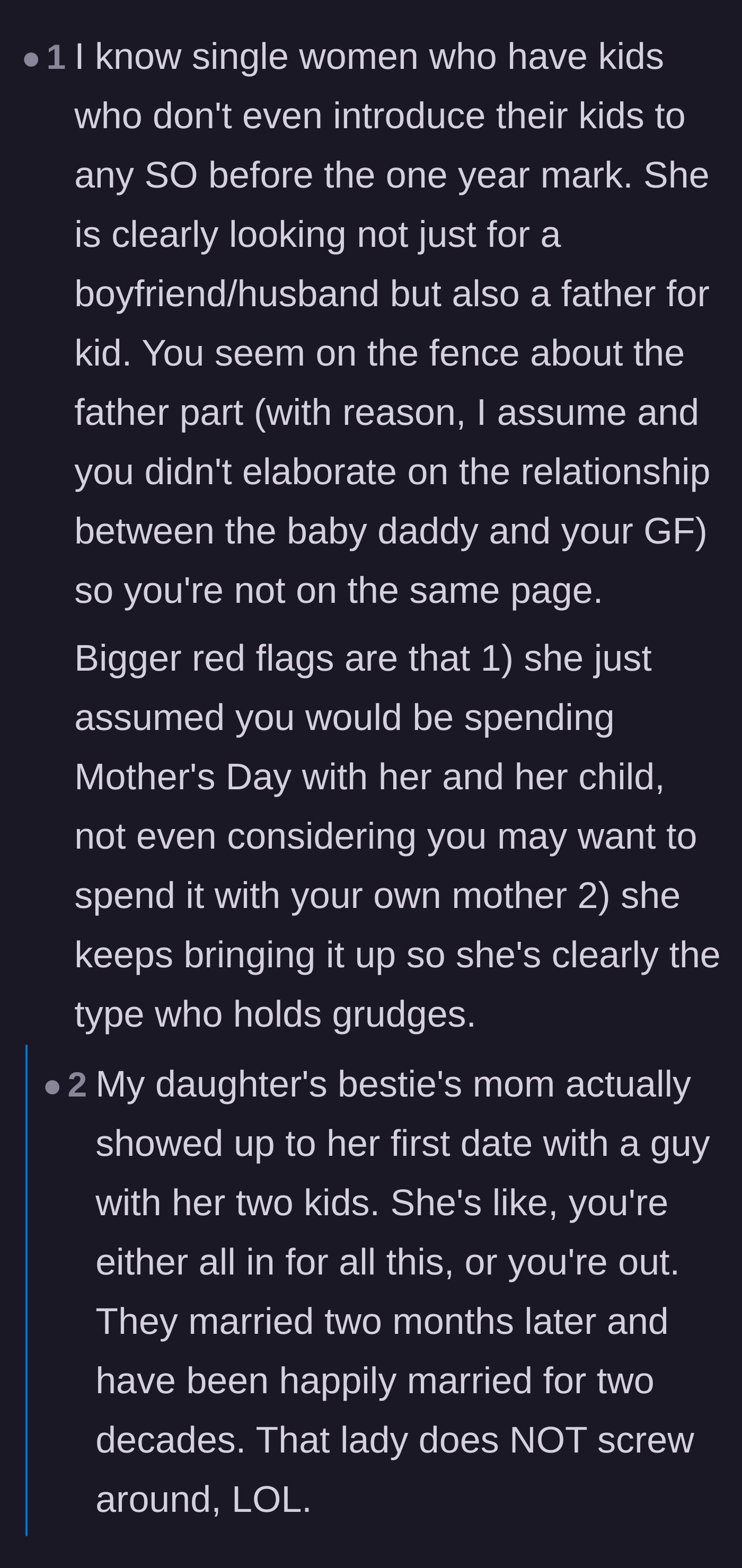 Comment thread 6 - A discussion on the timeline of introducing children to new partners and the emotional danger of holding long-term grudges.