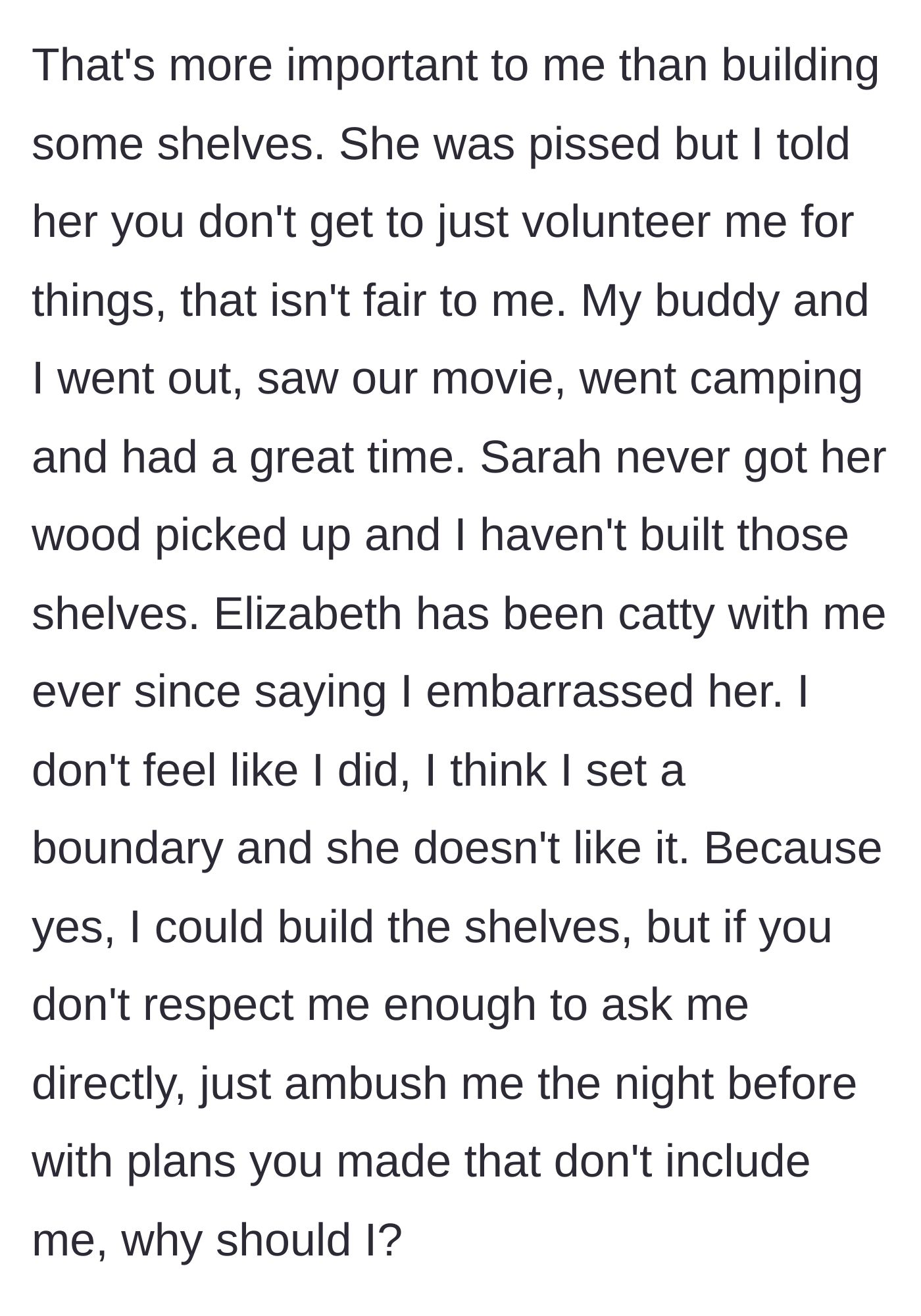 Story part 6 - Boyfriend successfully enjoying his camping trip while the girlfriend sulks over her unfulfilled promises.