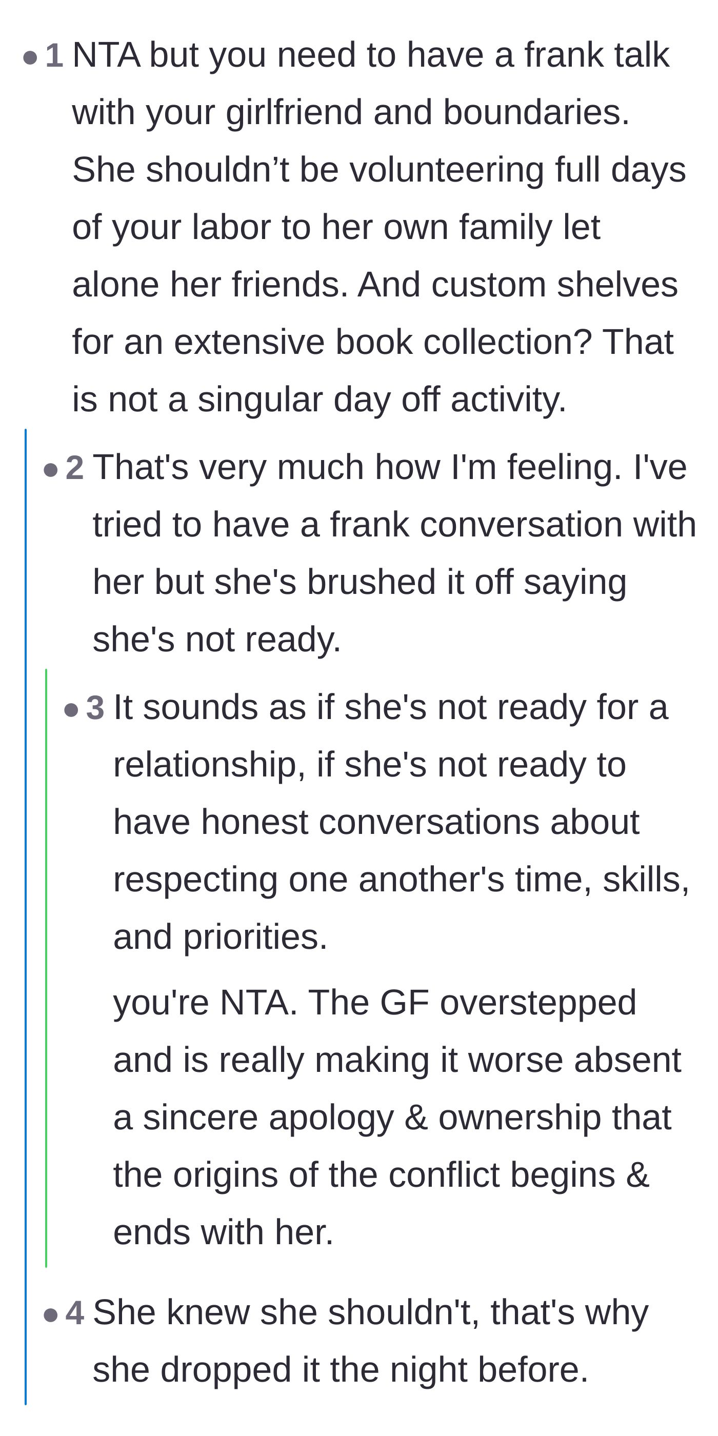 Comment thread 1 - Readers discussing the girlfriend brushing off boundaries and viewing her partner as free labor.
