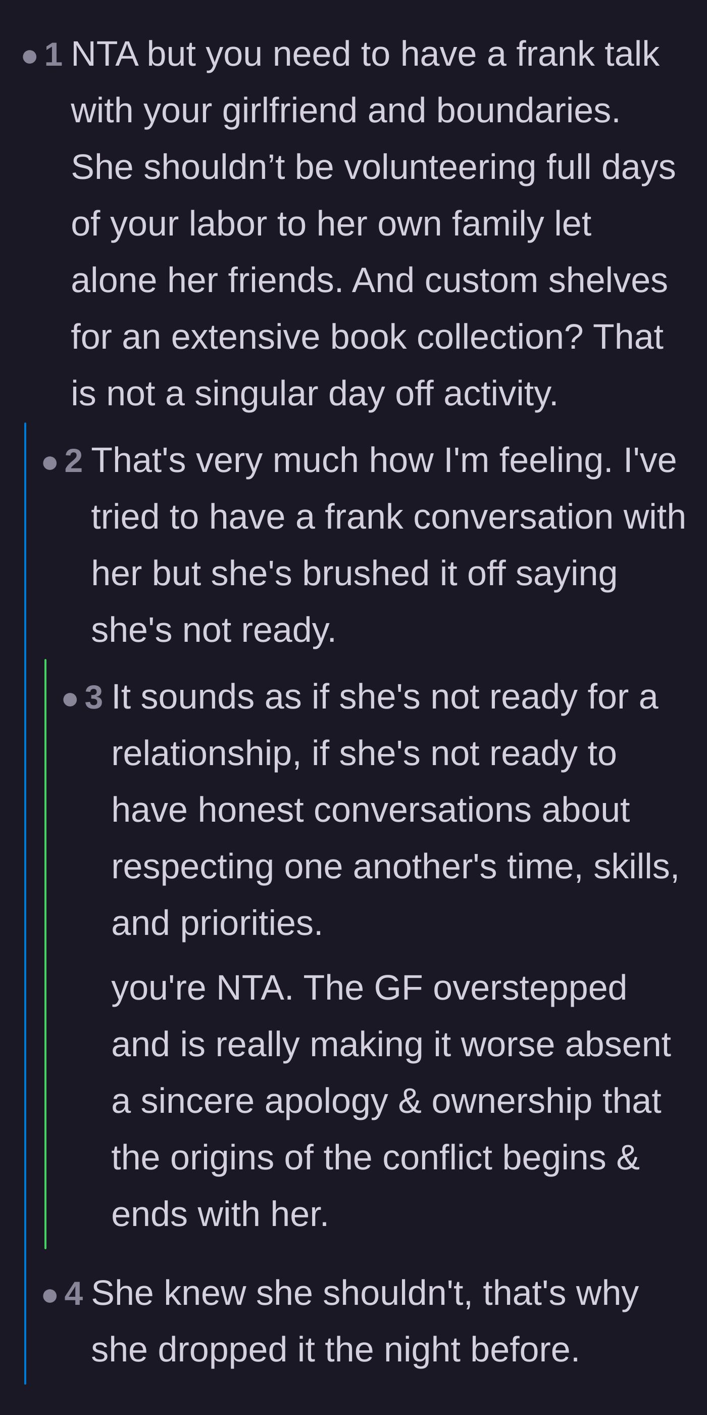Comment thread 1 - Readers discussing the girlfriend brushing off boundaries and viewing her partner as free labor.