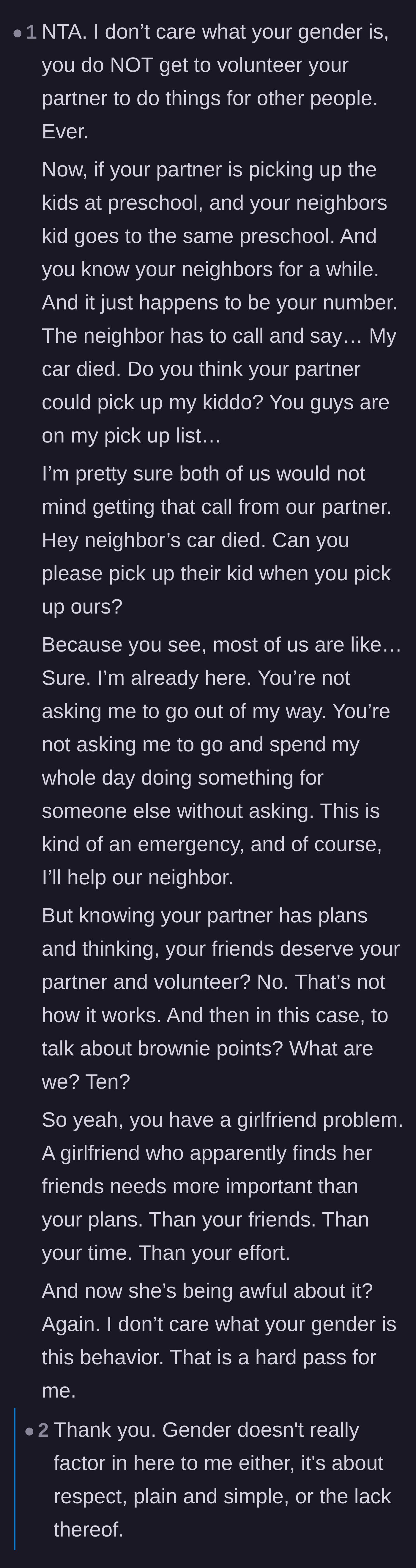 Comment thread 5 - A detailed comparison between a reasonable emergency favor and the unacceptable exploitation of a partner's time.