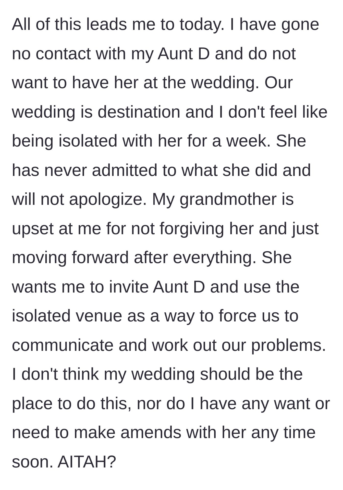 Story part 7 - The bride explains her firm no-contact boundary for her destination wedding, while the grandmother demands she use the wedding to force a family reconciliation.