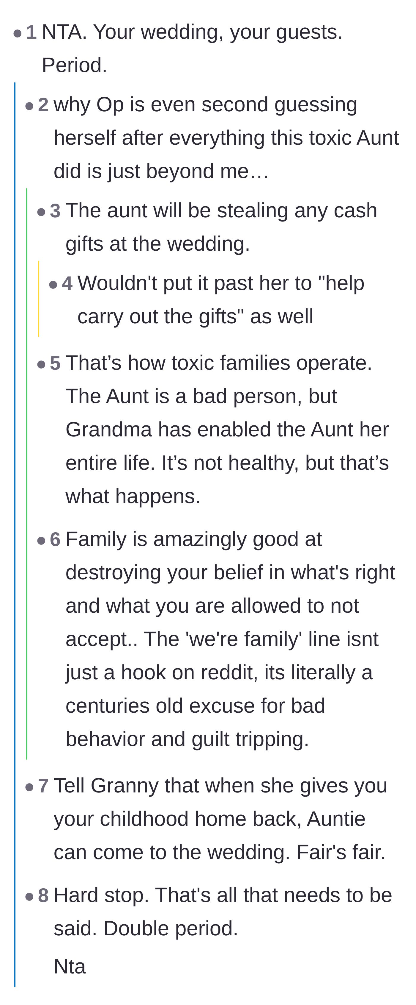 Comment thread 1 - Discussion on how toxic families condition victims to doubt themselves, and speculation that the aunt would steal the wedding card box.