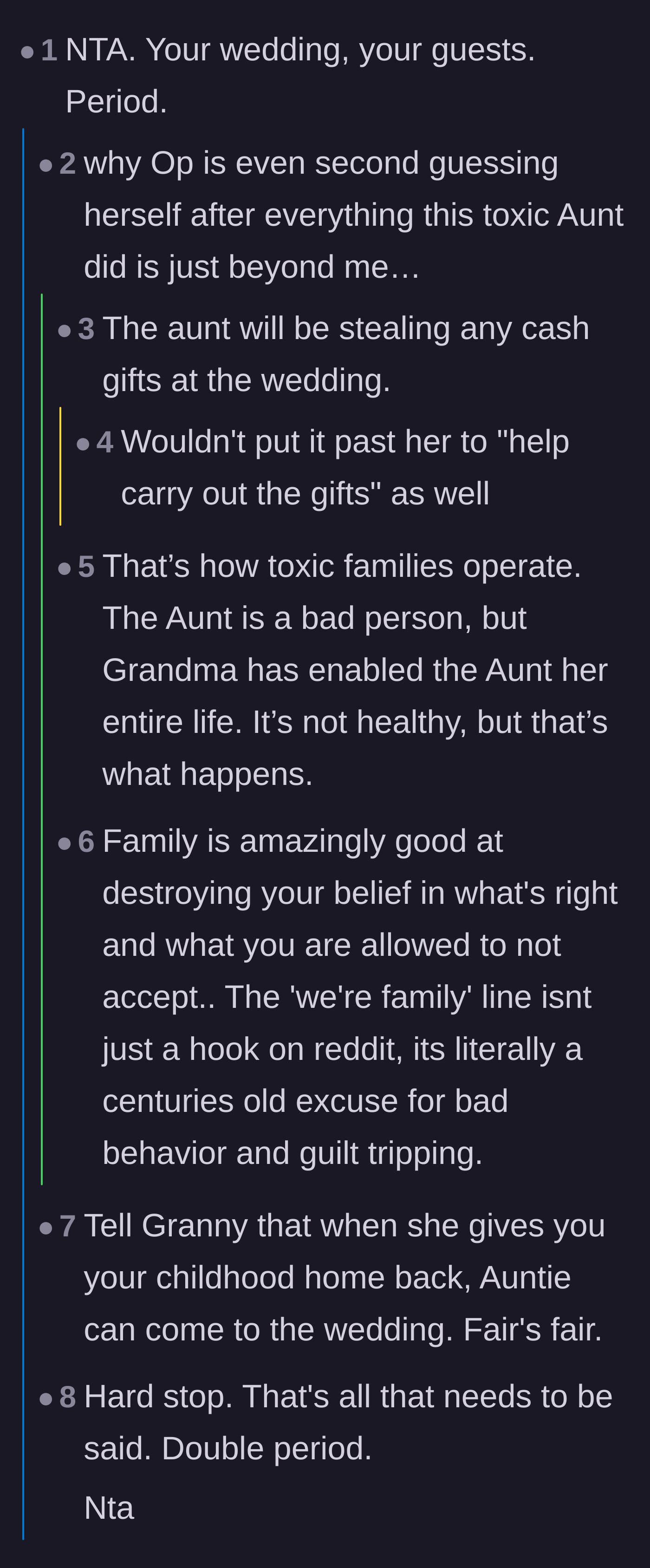 Comment thread 1 - Discussion on how toxic families condition victims to doubt themselves, and speculation that the aunt would steal the wedding card box.