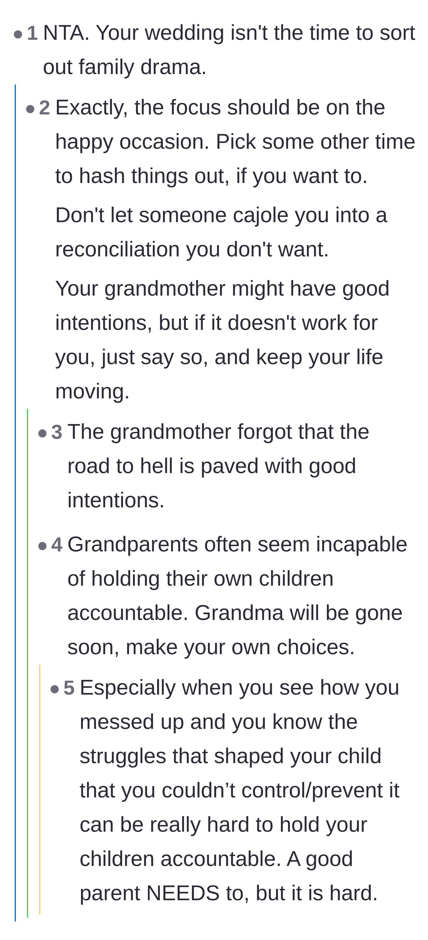 Comment thread 3 - Advice on prioritizing the happy occasion over the grandmother's misguided attempts at forcing a reconciliation.