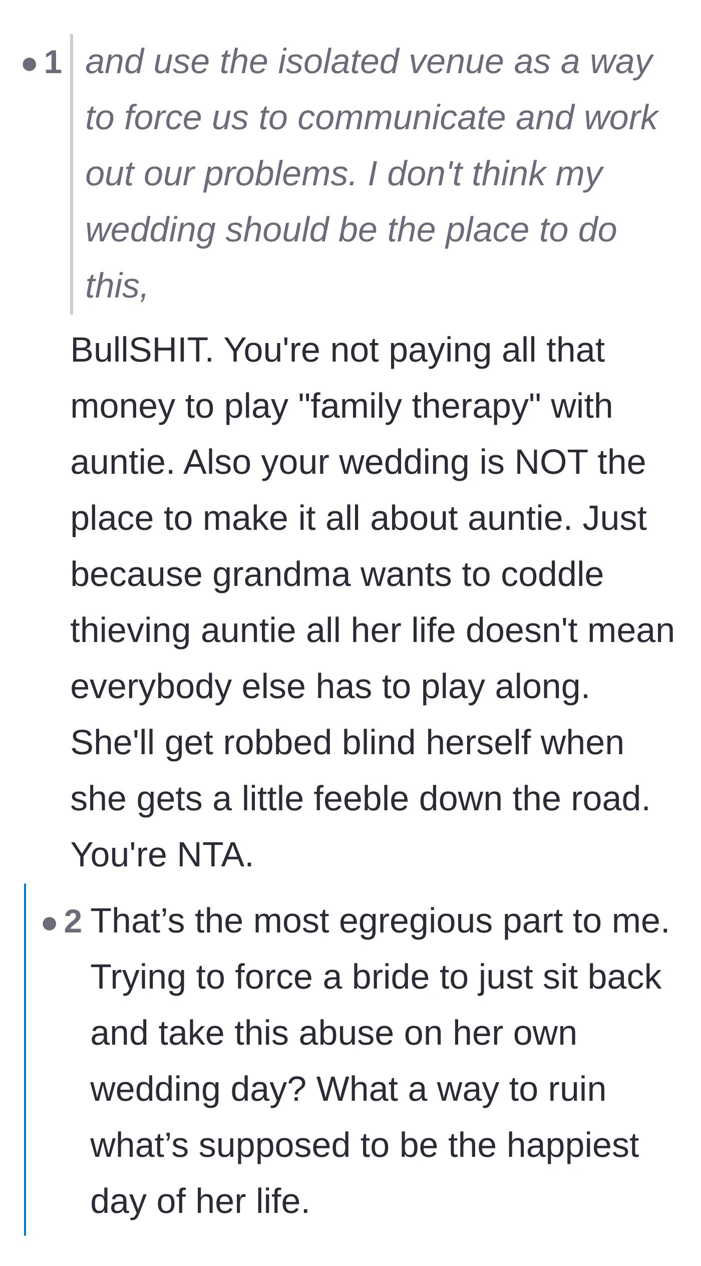 Comment thread 5 - Outrage over the grandmother expecting the bride to endure her abuser on her wedding day just to coddle the aunt.