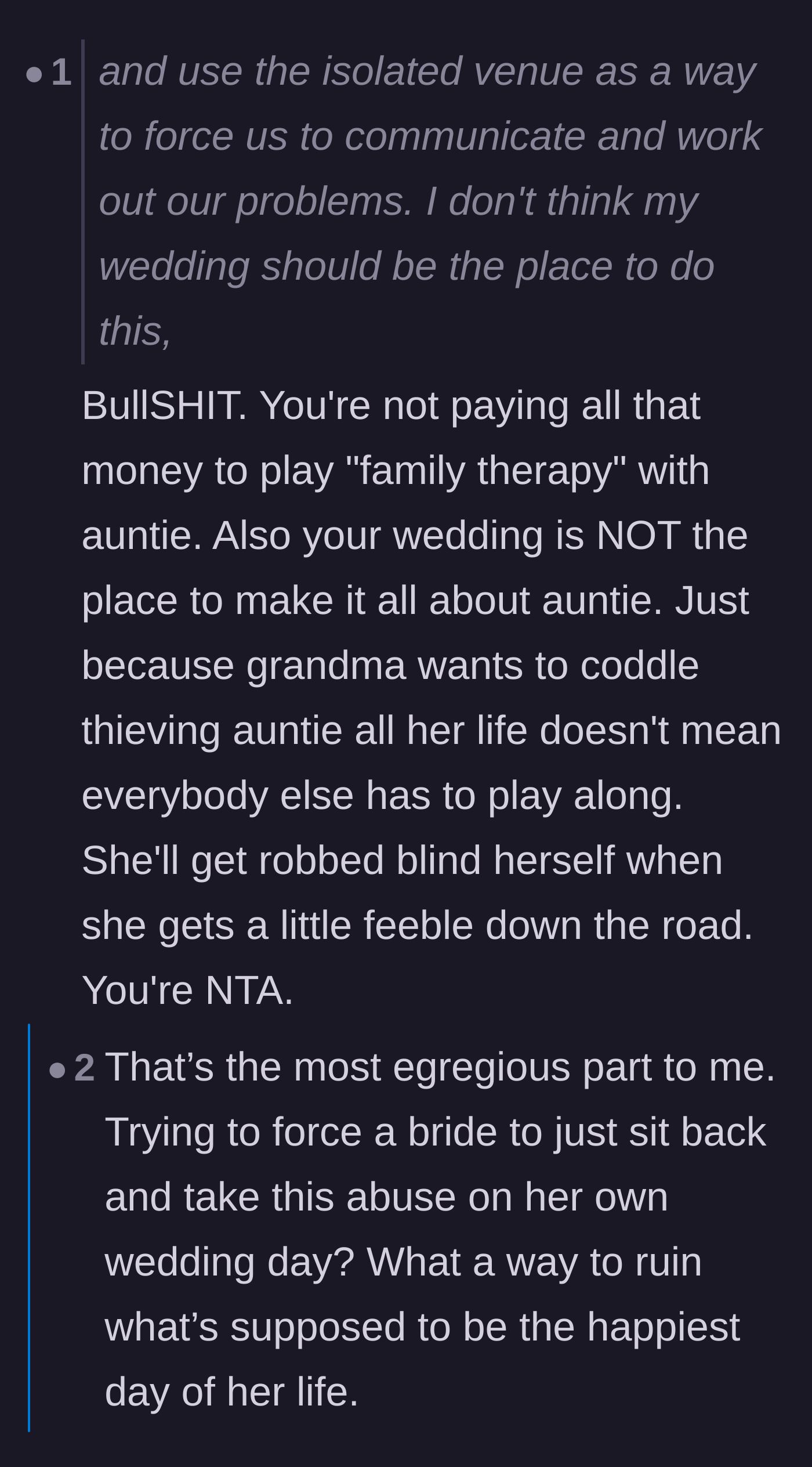 Comment thread 5 - Outrage over the grandmother expecting the bride to endure her abuser on her wedding day just to coddle the aunt.