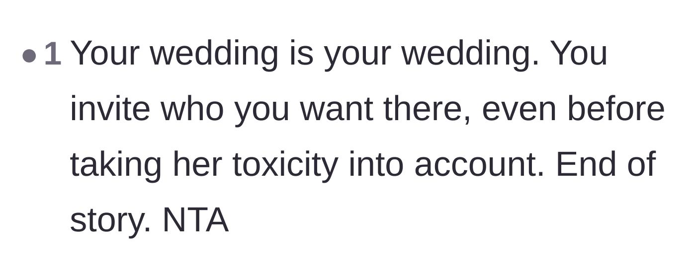 Comment thread 6 - Reassurance that the bride can invite whoever she wants to her own wedding, end of story.