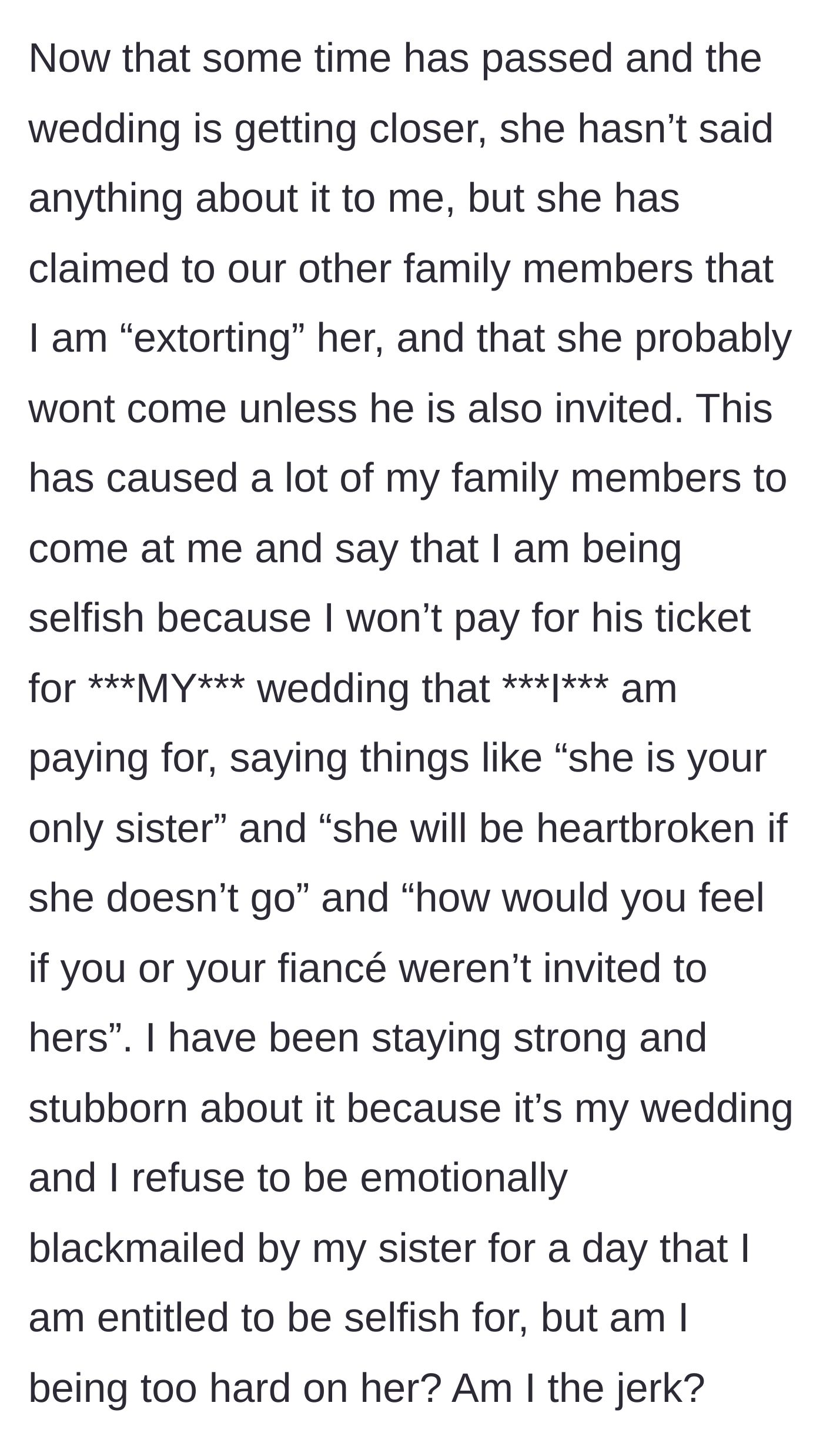 Story part 3 - The sister lies to the family about being extorted, prompting relatives to harass the bride for not paying for the affair partner's wedding plate.