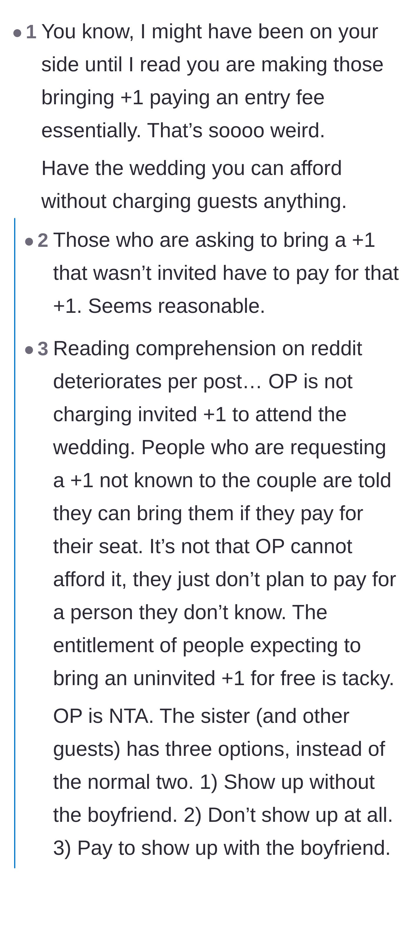 Comment thread 1 - A heated debate about whether charging guests for uninvited plus-ones is an offensive cash grab or a brilliant boundary.