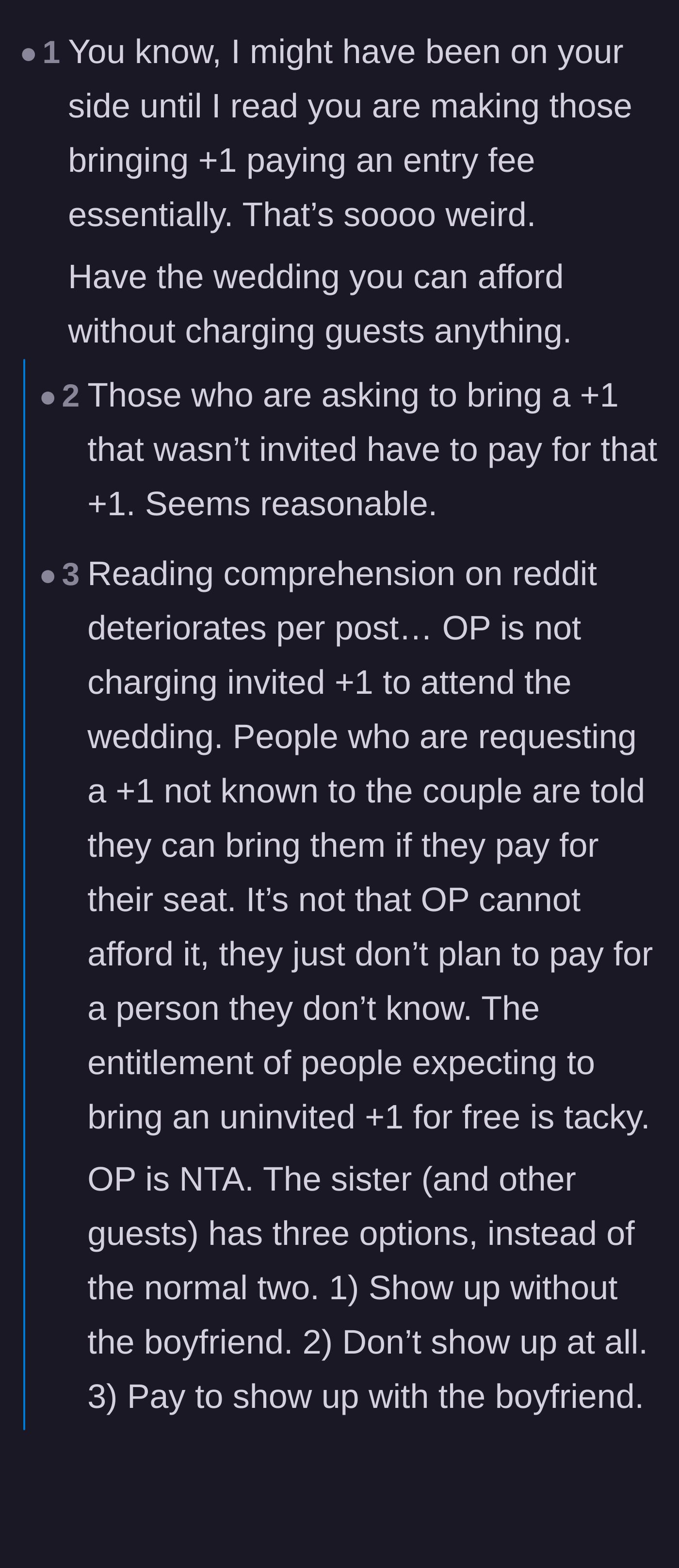 Comment thread 1 - A heated debate about whether charging guests for uninvited plus-ones is an offensive cash grab or a brilliant boundary.