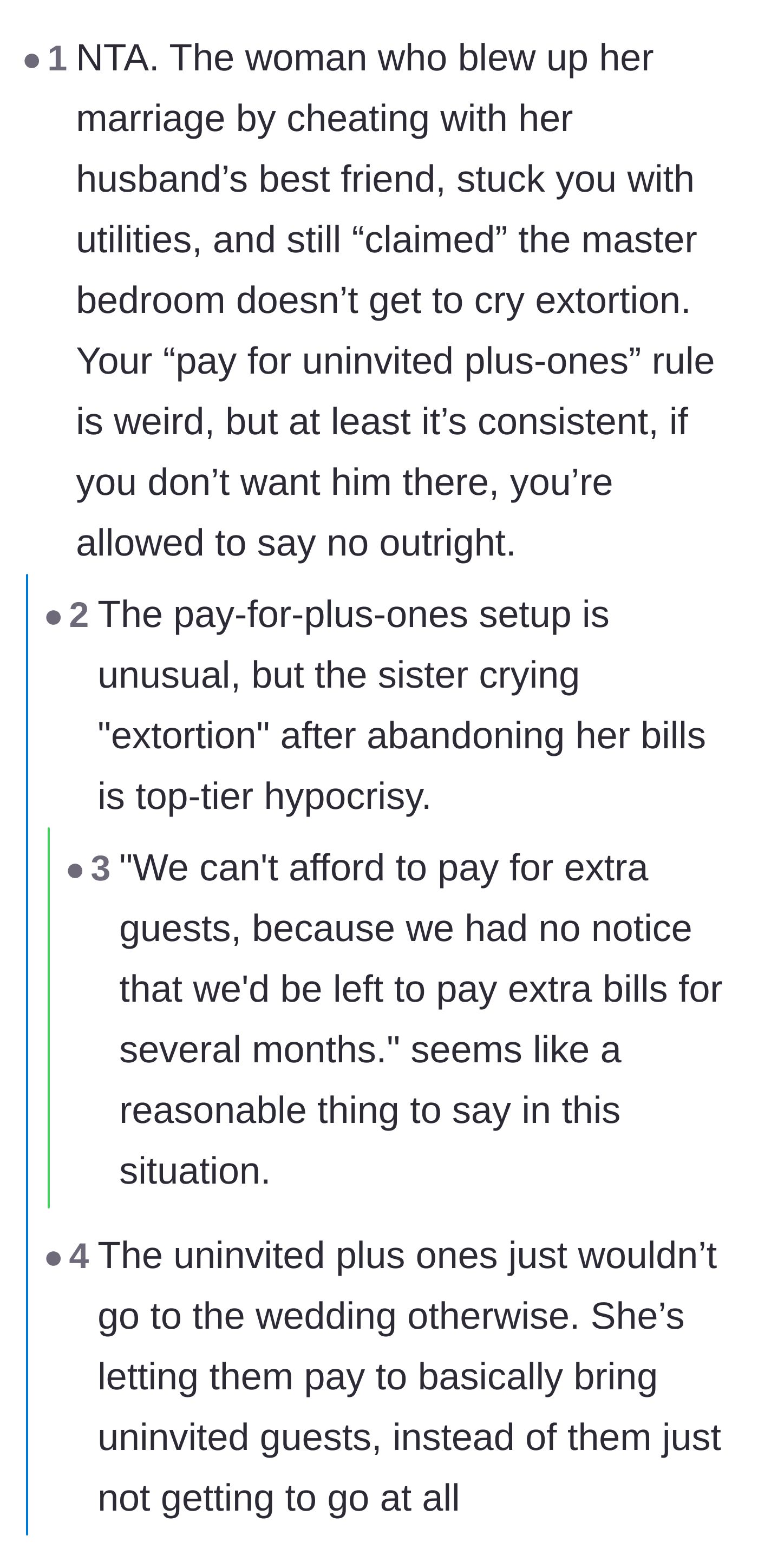 Comment thread 2 - Commenters calling out the cheating sister's massive hypocrisy for skipping out on rent but complaining about wedding dinner fees.