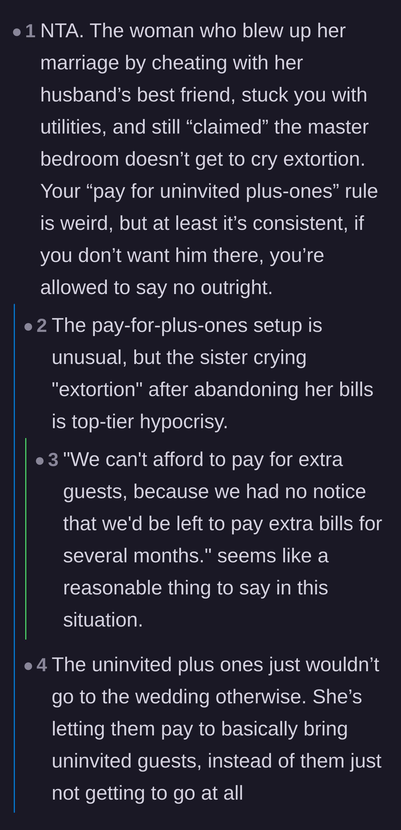 Comment thread 2 - Commenters calling out the cheating sister's massive hypocrisy for skipping out on rent but complaining about wedding dinner fees.