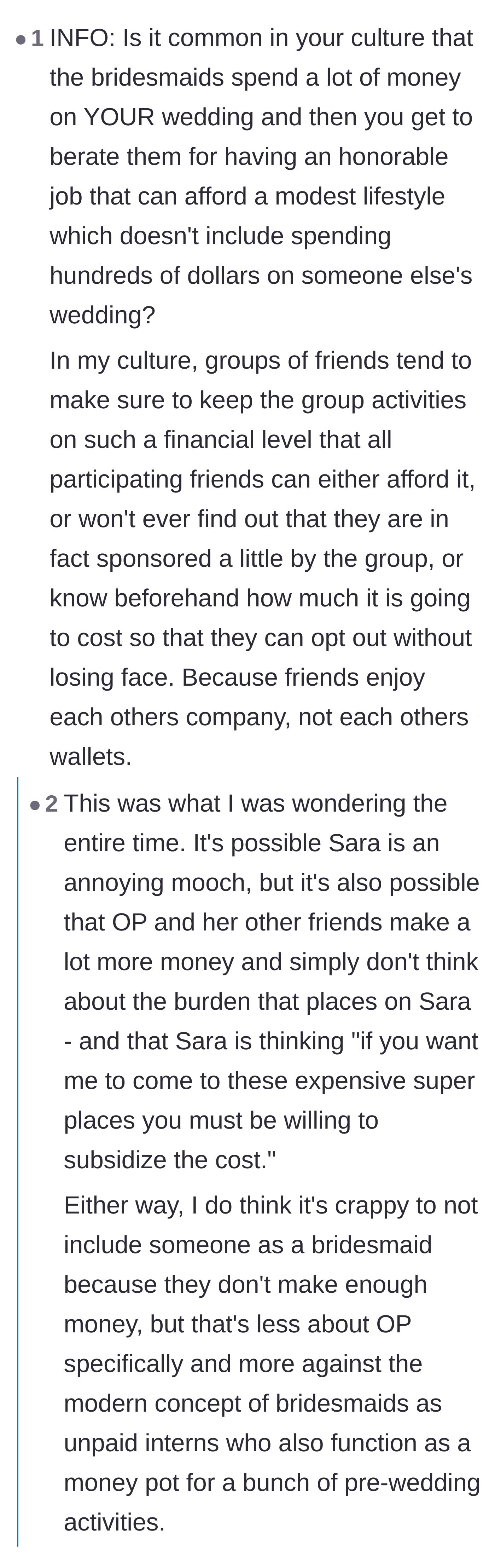 Comment thread 6 - A cultural critique on the modern expectation that bridesmaids must fund expensive pre-wedding events
