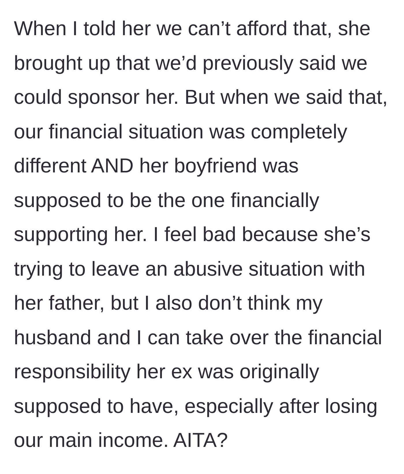 Story part 3 - The author declines due to changed finances, and the friend uses the past sponsorship agreement to guilt trip her.