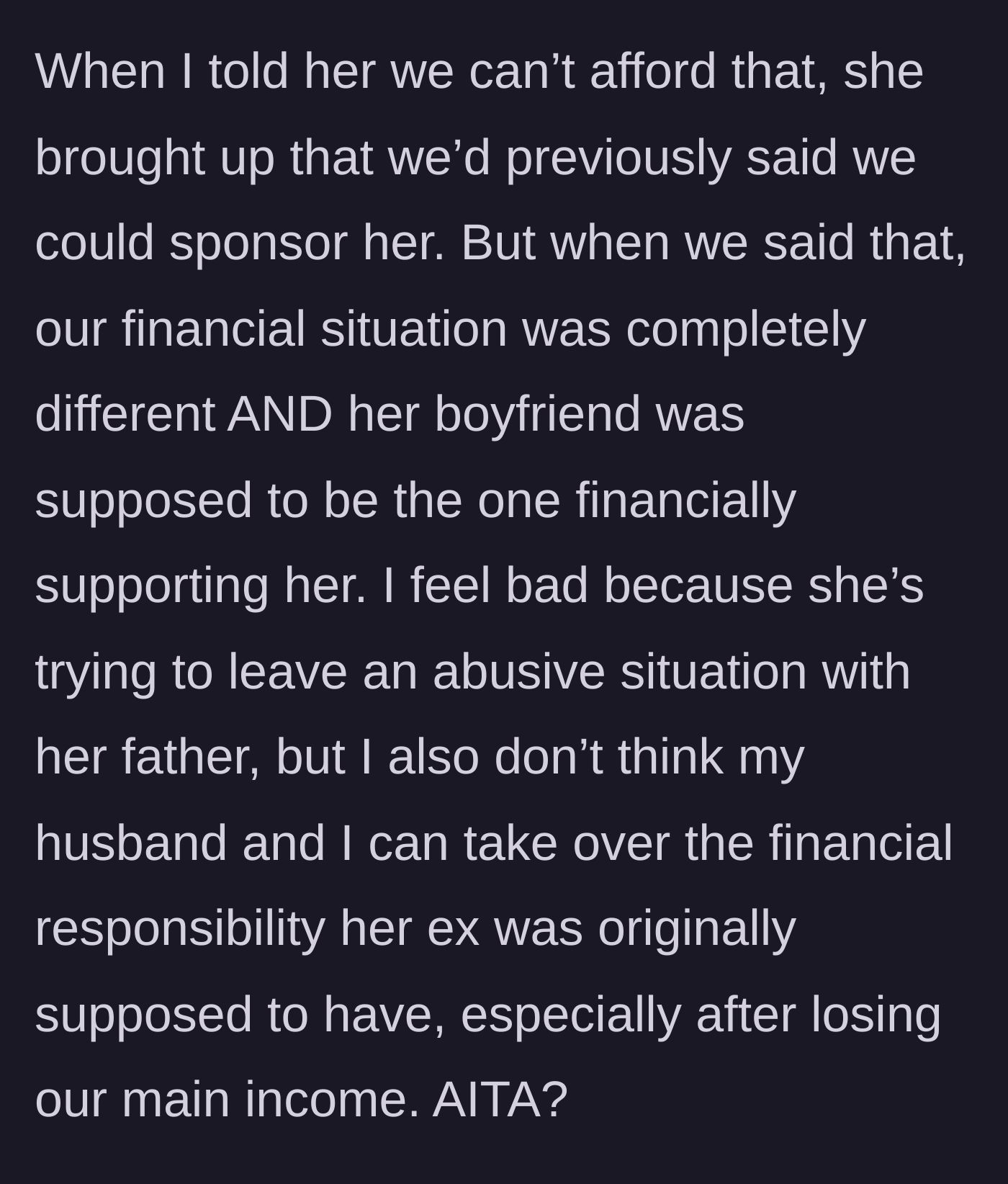 Story part 3 - The author declines due to changed finances, and the friend uses the past sponsorship agreement to guilt trip her.