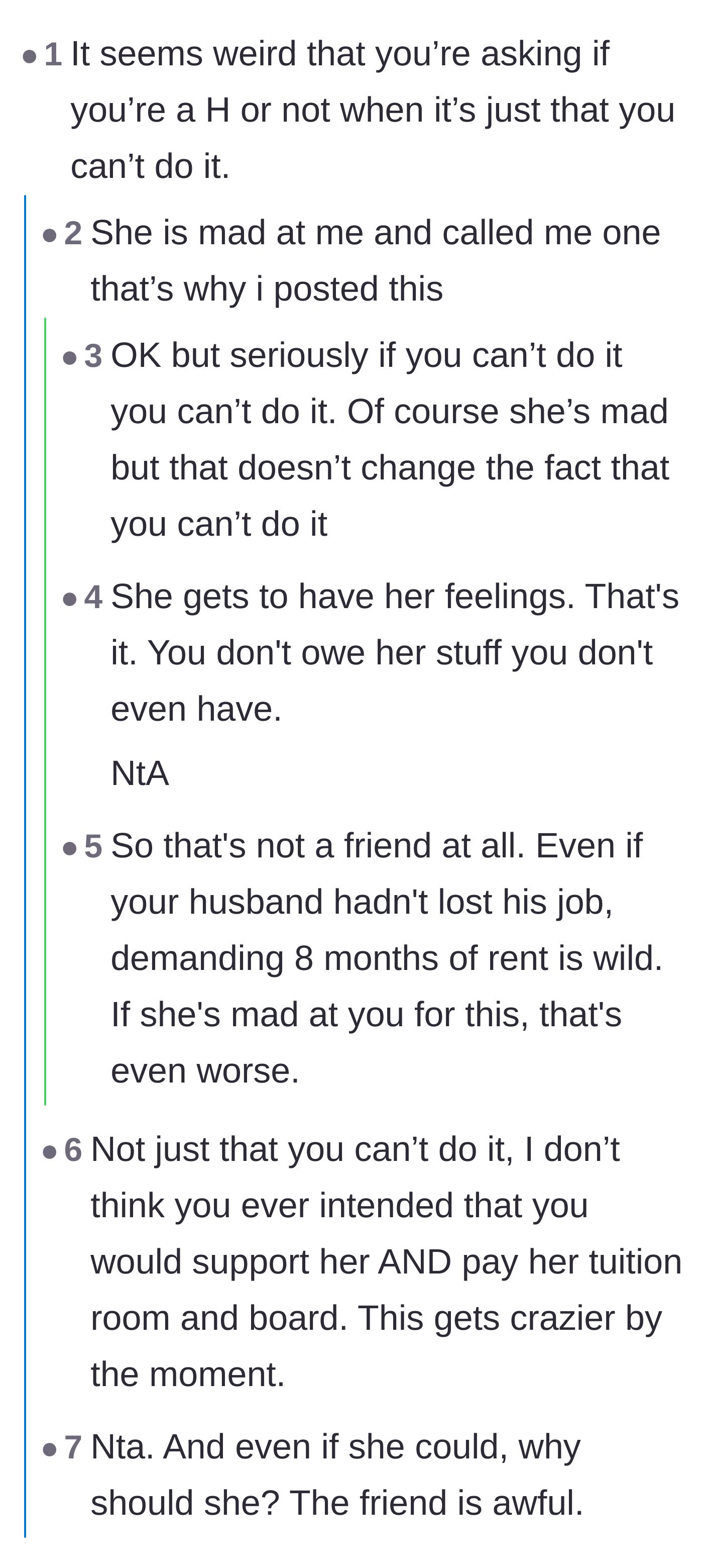 Comment thread 1 - Discussing how the friend is completely out of line for being angry over a valid financial boundary