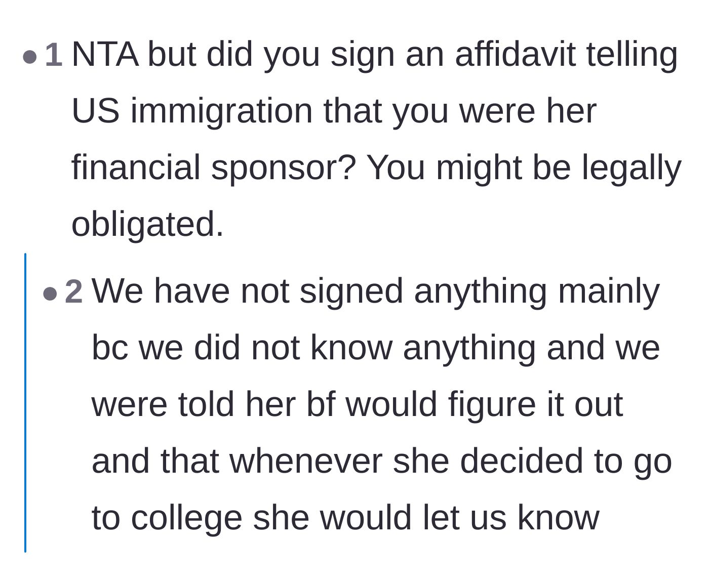 Comment thread 2 - Warning about the severe legal and financial liabilities of signing a U.S. visa sponsorship affidavit