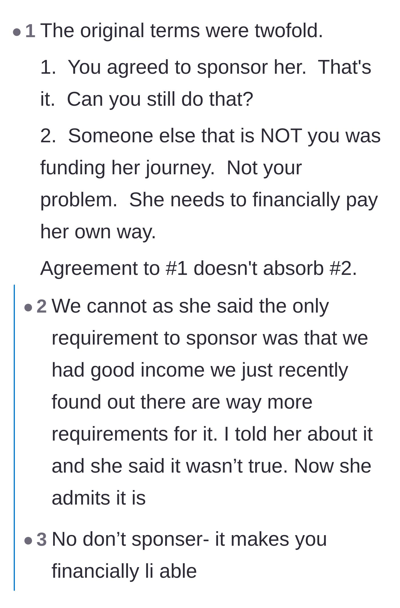 Comment thread 4 - Breaking down the massive difference between agreeing to be a visa sponsor and actually funding someone's entire cost of living