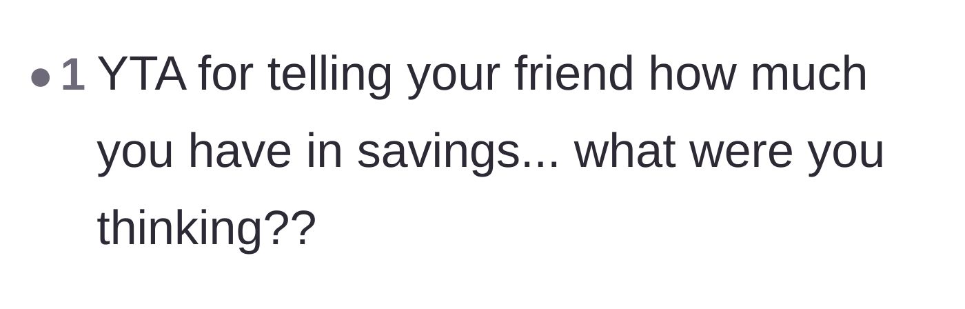Comment thread 5 - Calling out the author for breaking the cardinal rule of revealing her exact savings account balance