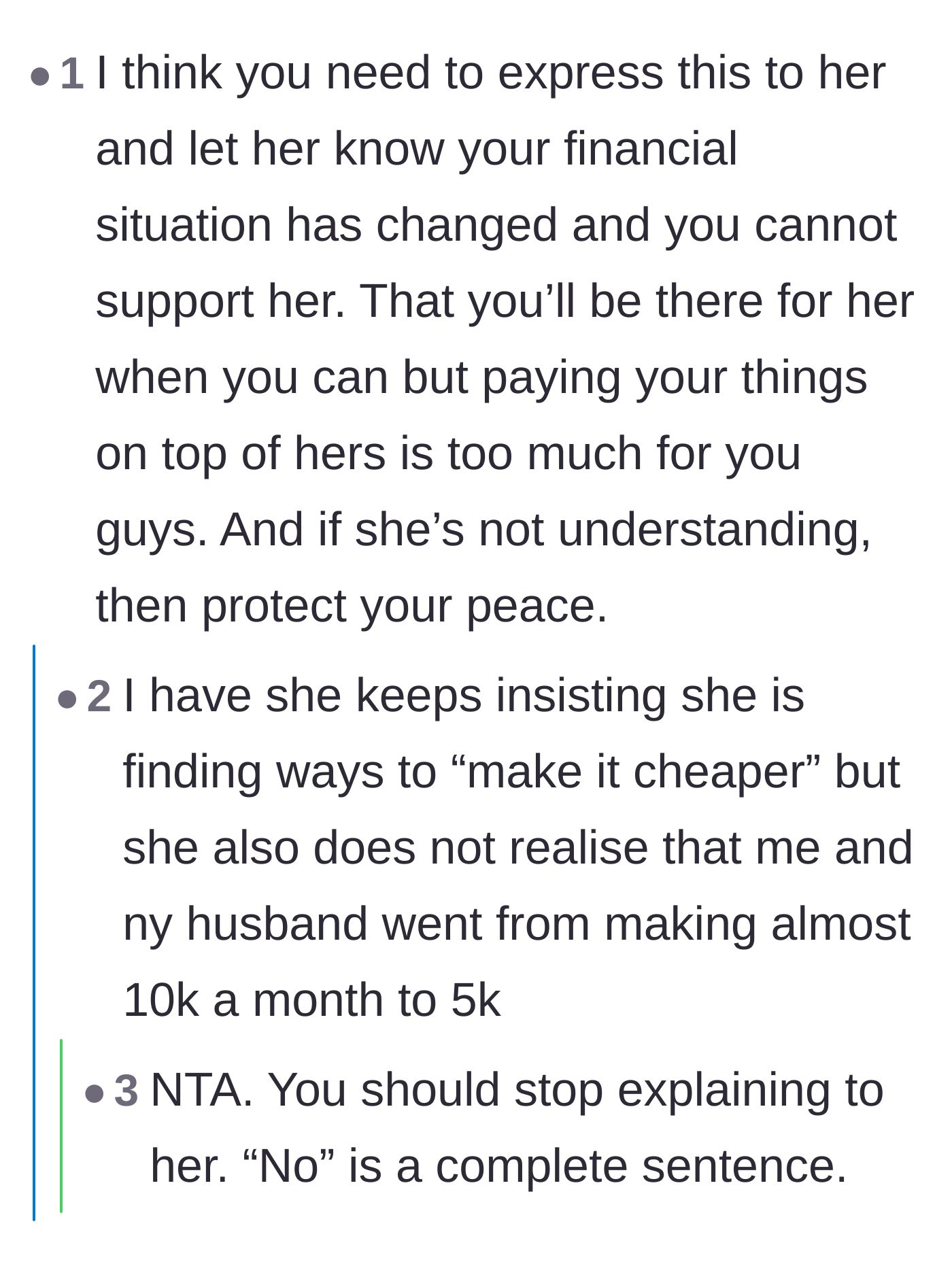 Comment thread 6 - Advice on protecting your peace and stopping the endless cycle of explaining your budget