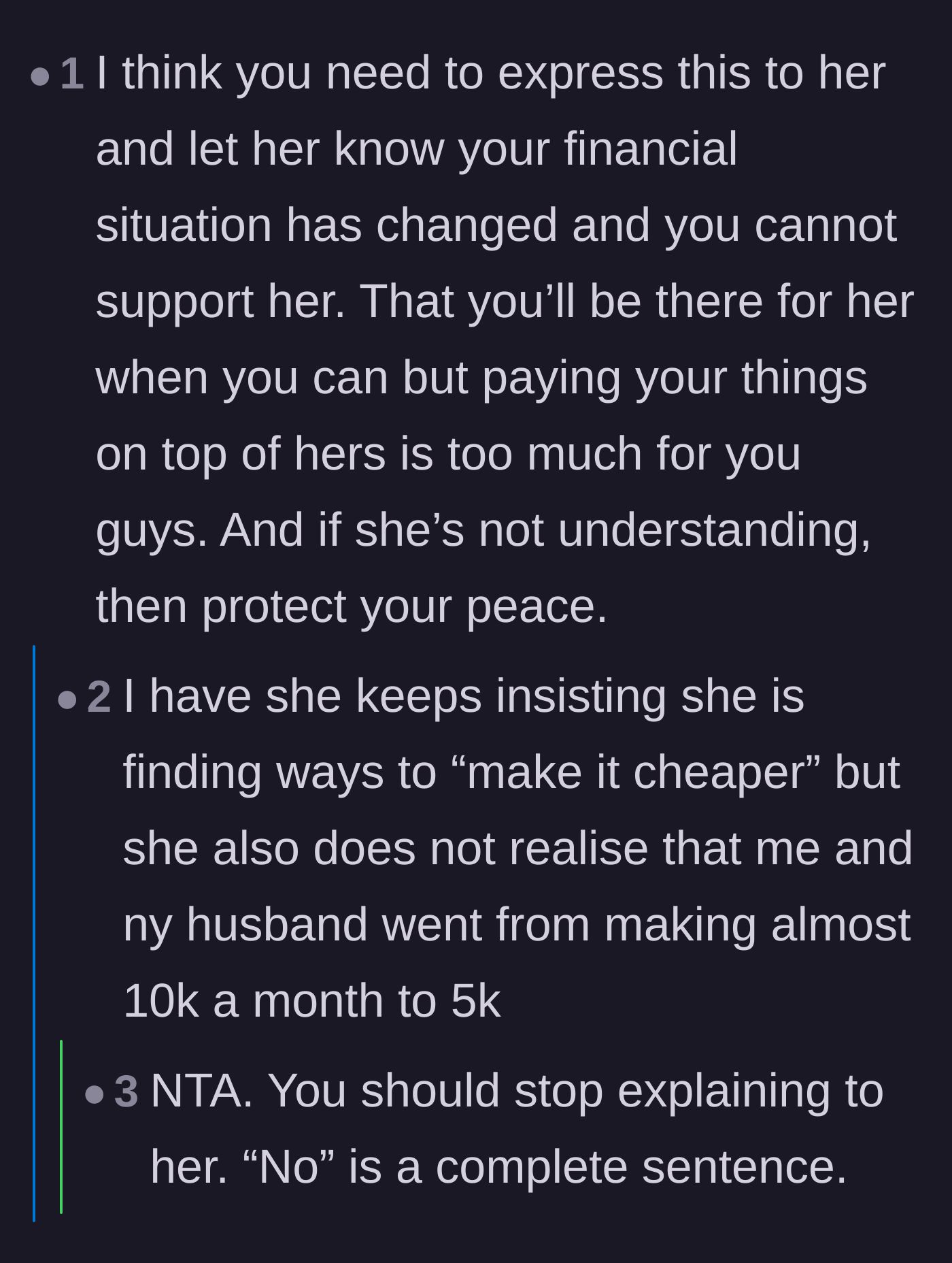 Comment thread 6 - Advice on protecting your peace and stopping the endless cycle of explaining your budget
