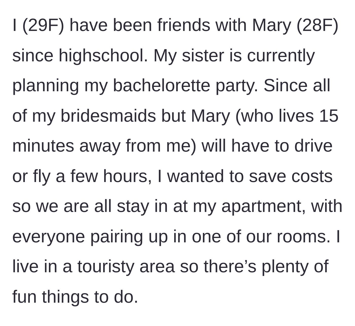 Story part 1 - Bride explains her budget-friendly bachelorette party plan of hosting everyone at her apartment.