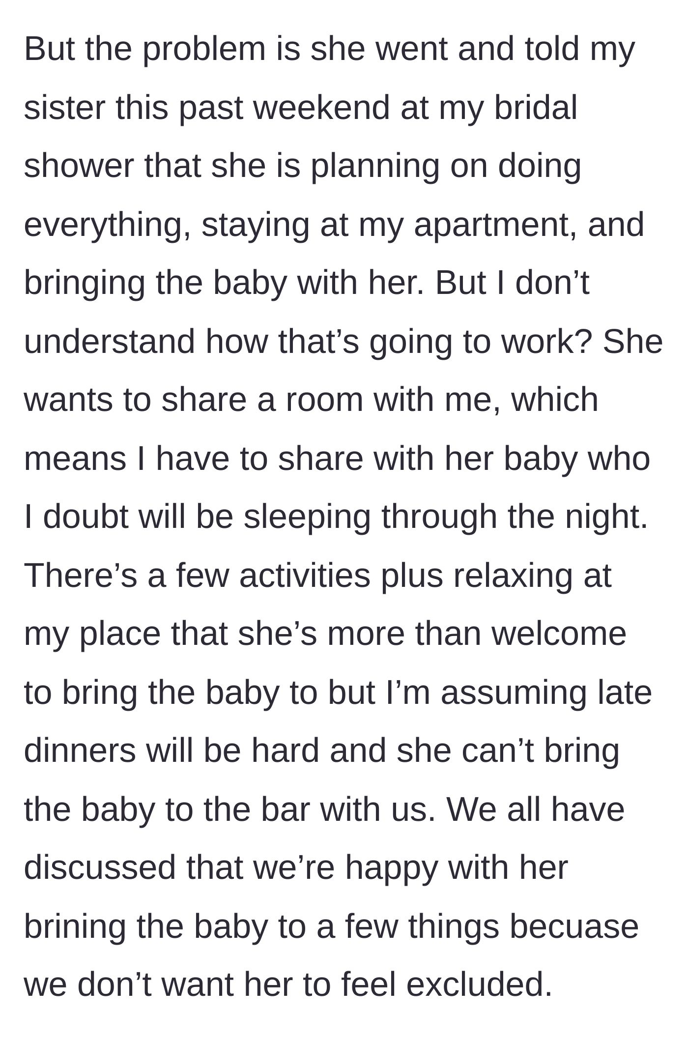 Story part 3 - Mary hijacks the bridal shower to announce she's bringing the newborn to every bachelorette event and sleeping in the bride's room.