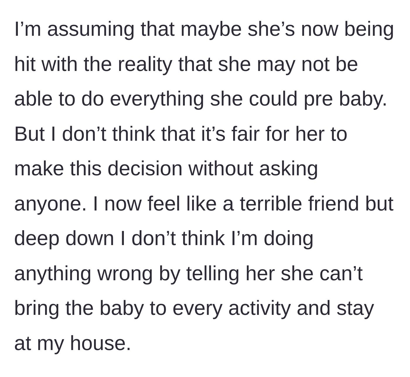 Story part 5 - Bride realizes Mary is in denial about postpartum life but still feels guilty for setting the boundary.