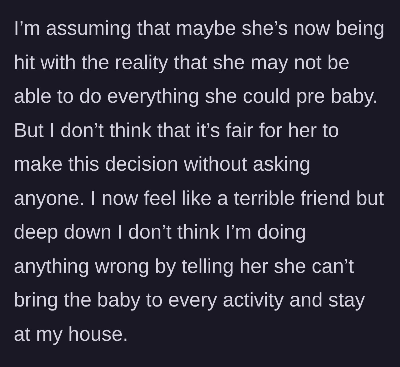 Story part 5 - Bride realizes Mary is in denial about postpartum life but still feels guilty for setting the boundary.