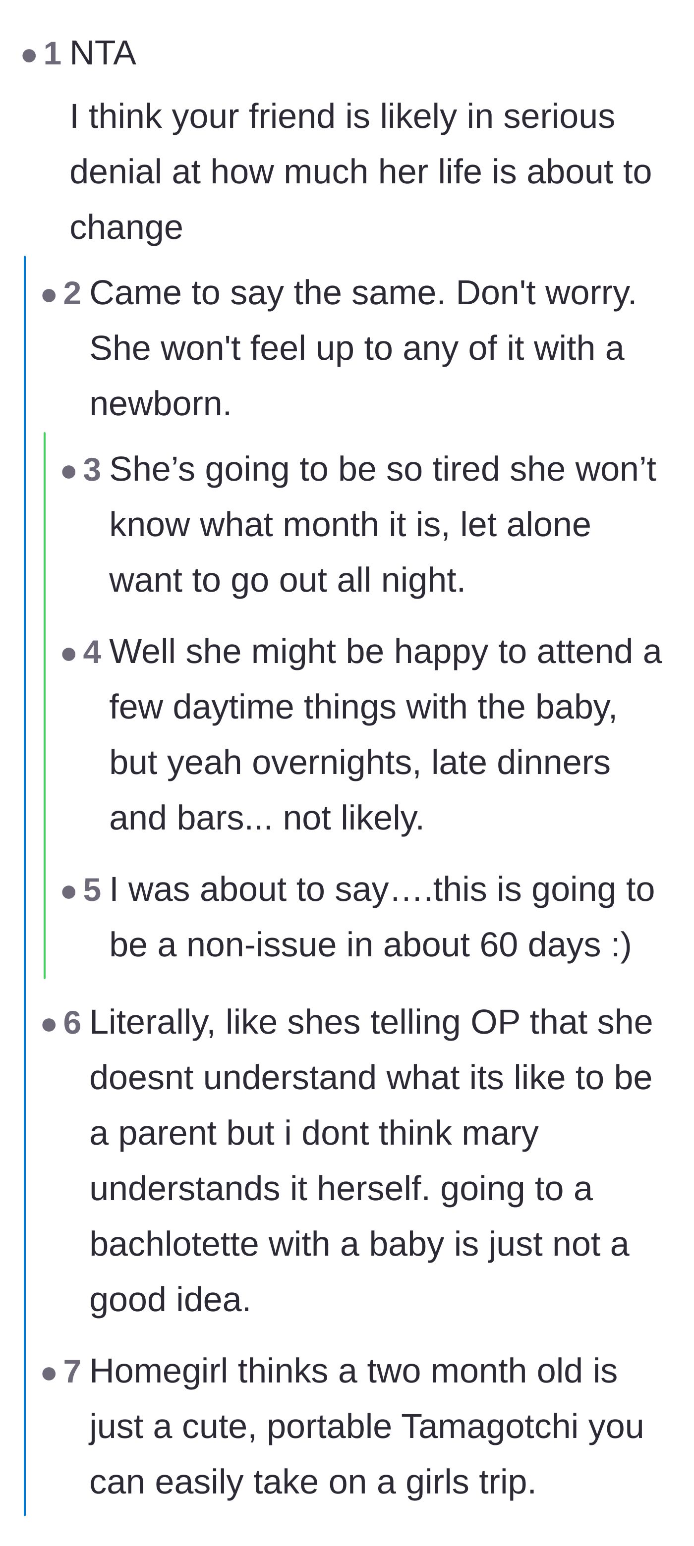 Comment thread 1 - Readers laughing at the pregnant friend's complete denial about how exhausting postpartum life actually is.