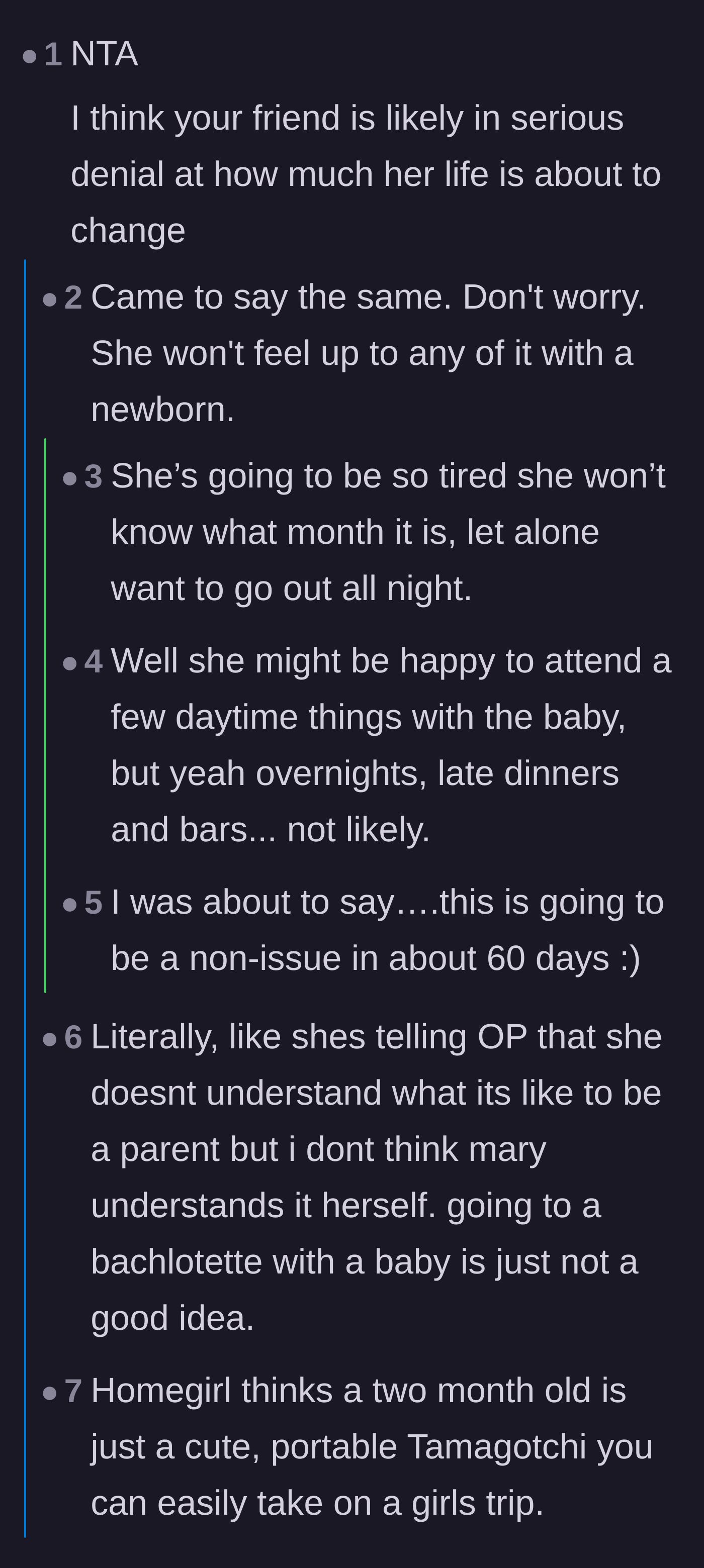 Comment thread 1 - Readers laughing at the pregnant friend's complete denial about how exhausting postpartum life actually is.