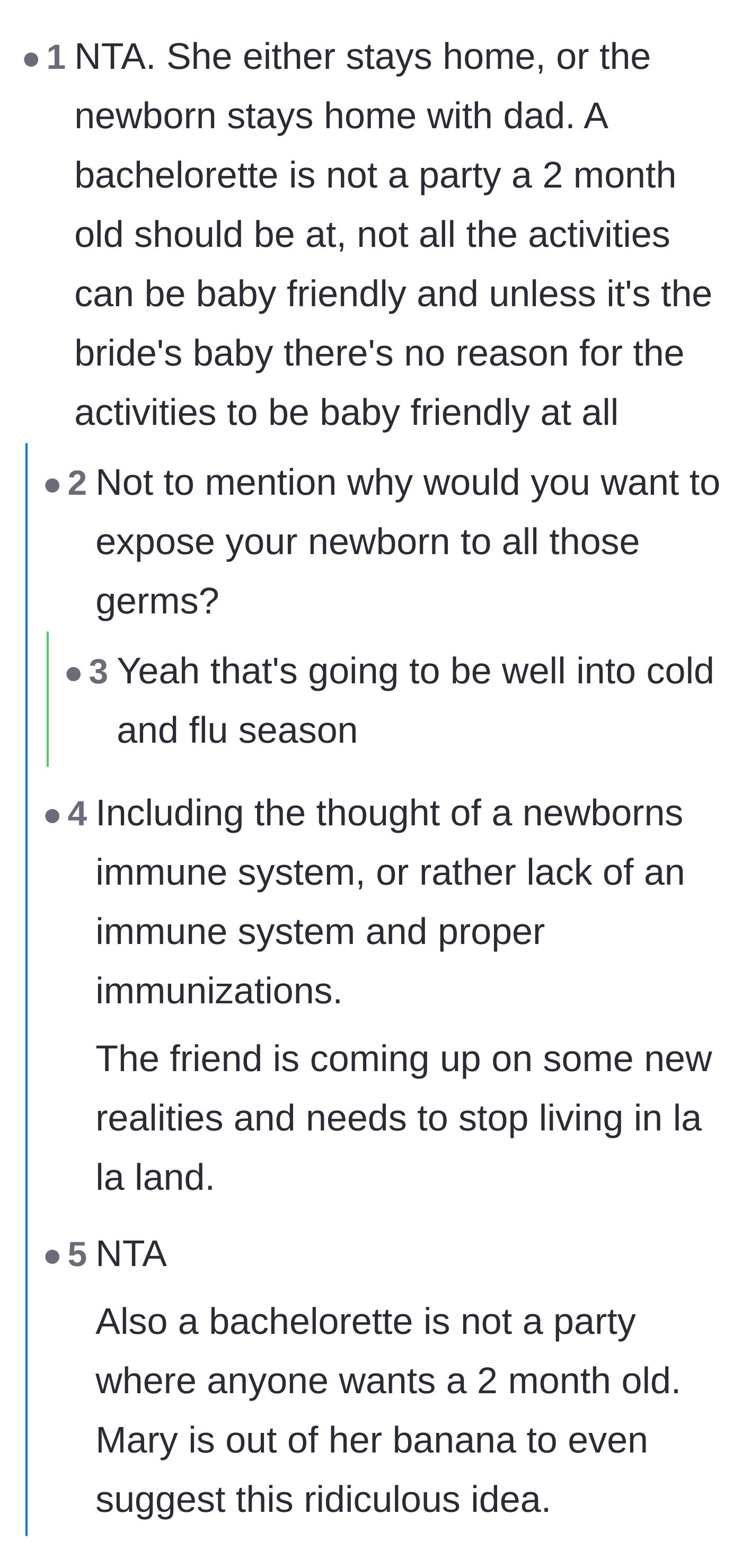 Comment thread 3 - The community questioning the safety of bringing a vulnerable newborn into a crowded bachelorette party setting.