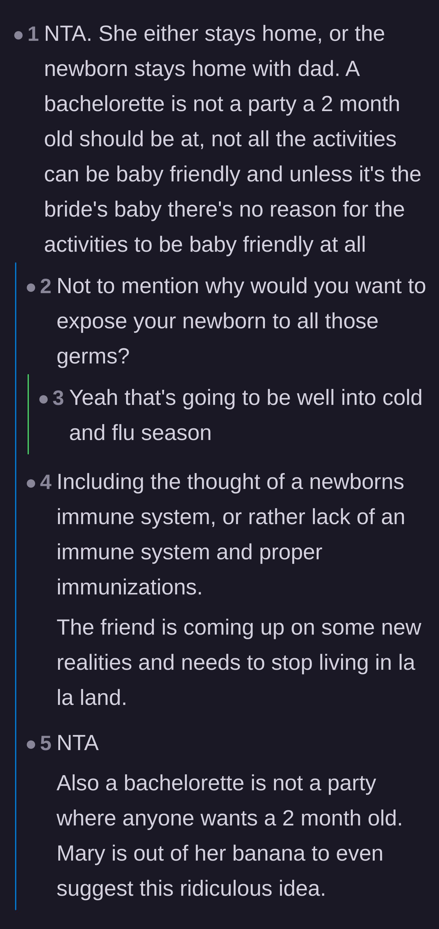 Comment thread 3 - The community questioning the safety of bringing a vulnerable newborn into a crowded bachelorette party setting.