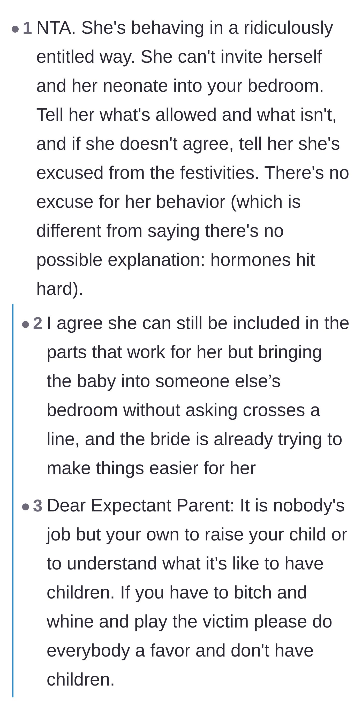 Comment thread 4 - A reader calling out the extreme entitlement of inviting a newborn into the bride's shared bedroom.