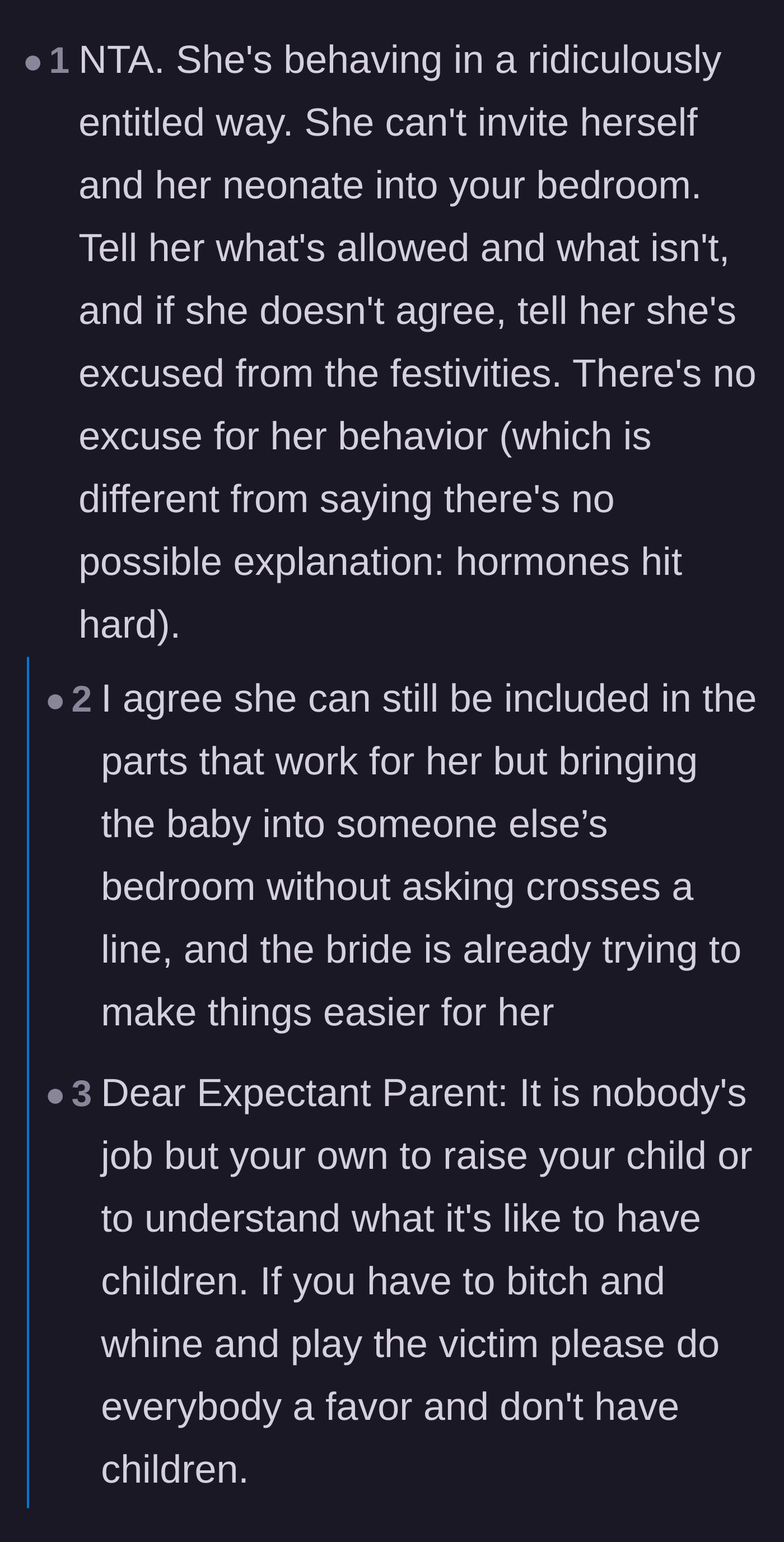 Comment thread 4 - A reader calling out the extreme entitlement of inviting a newborn into the bride's shared bedroom.