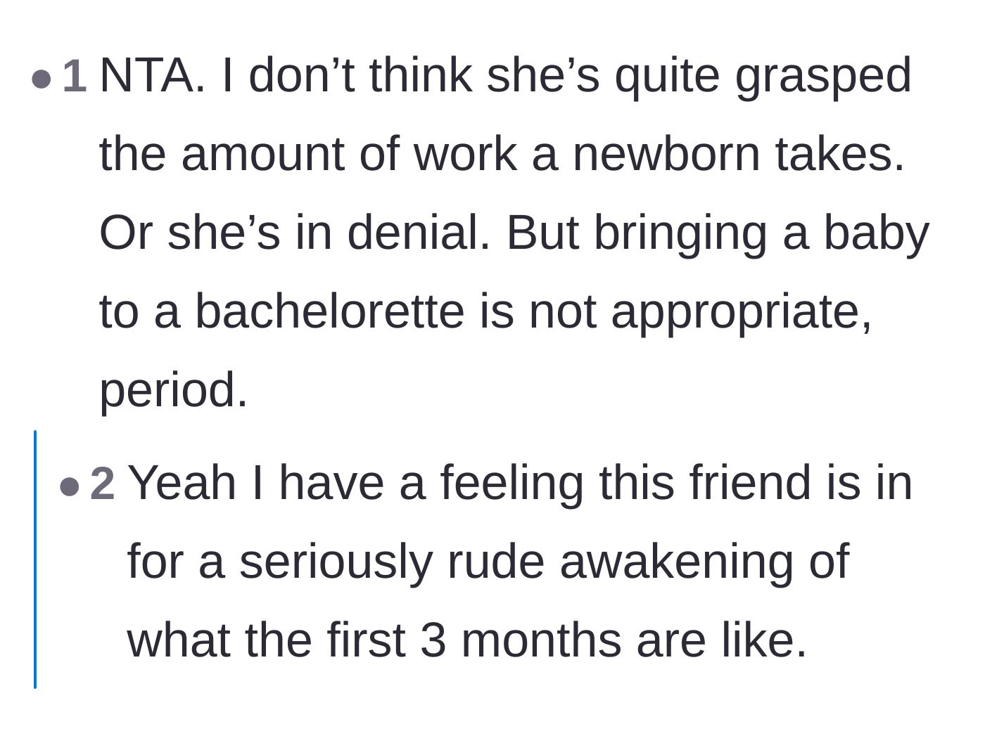 Comment thread 5 - Agreement that bringing a baby to a bachelorette party is inherently inappropriate regardless of the mother's denial.