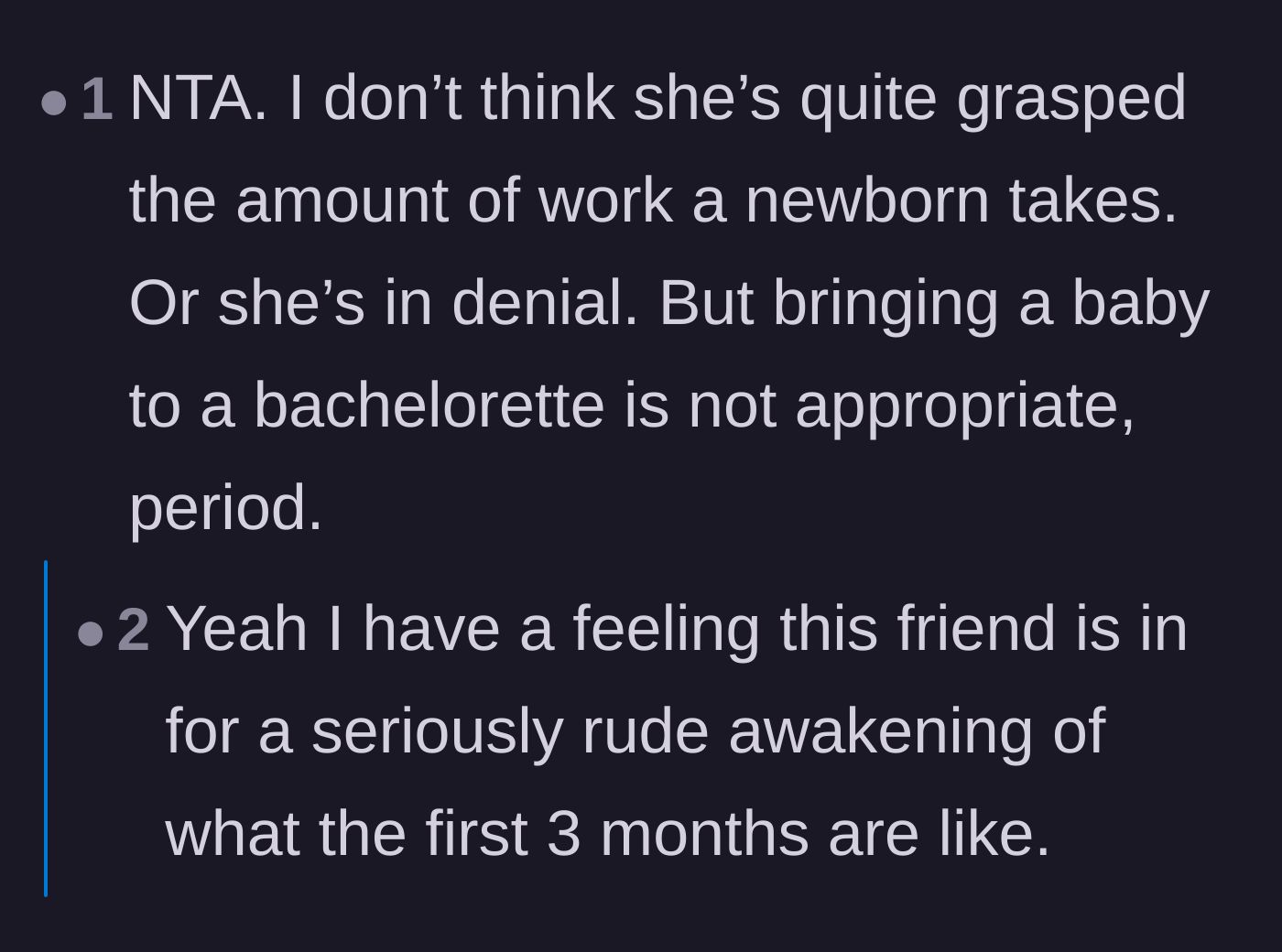 Comment thread 5 - Agreement that bringing a baby to a bachelorette party is inherently inappropriate regardless of the mother's denial.