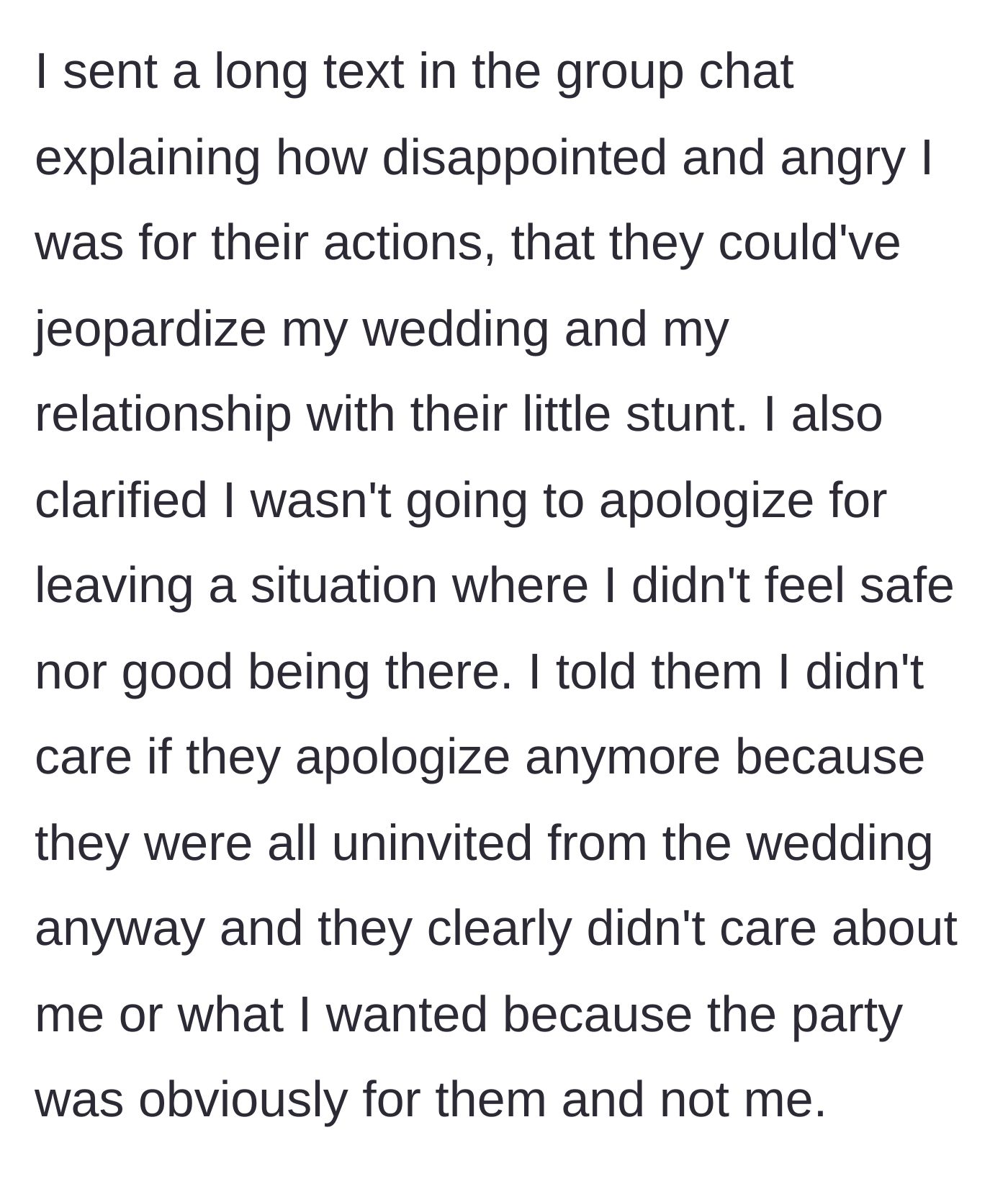 Story part 2 - The bride sends a massive group text dropping the entire bridal party from the wedding and calling out their selfish behavior.
