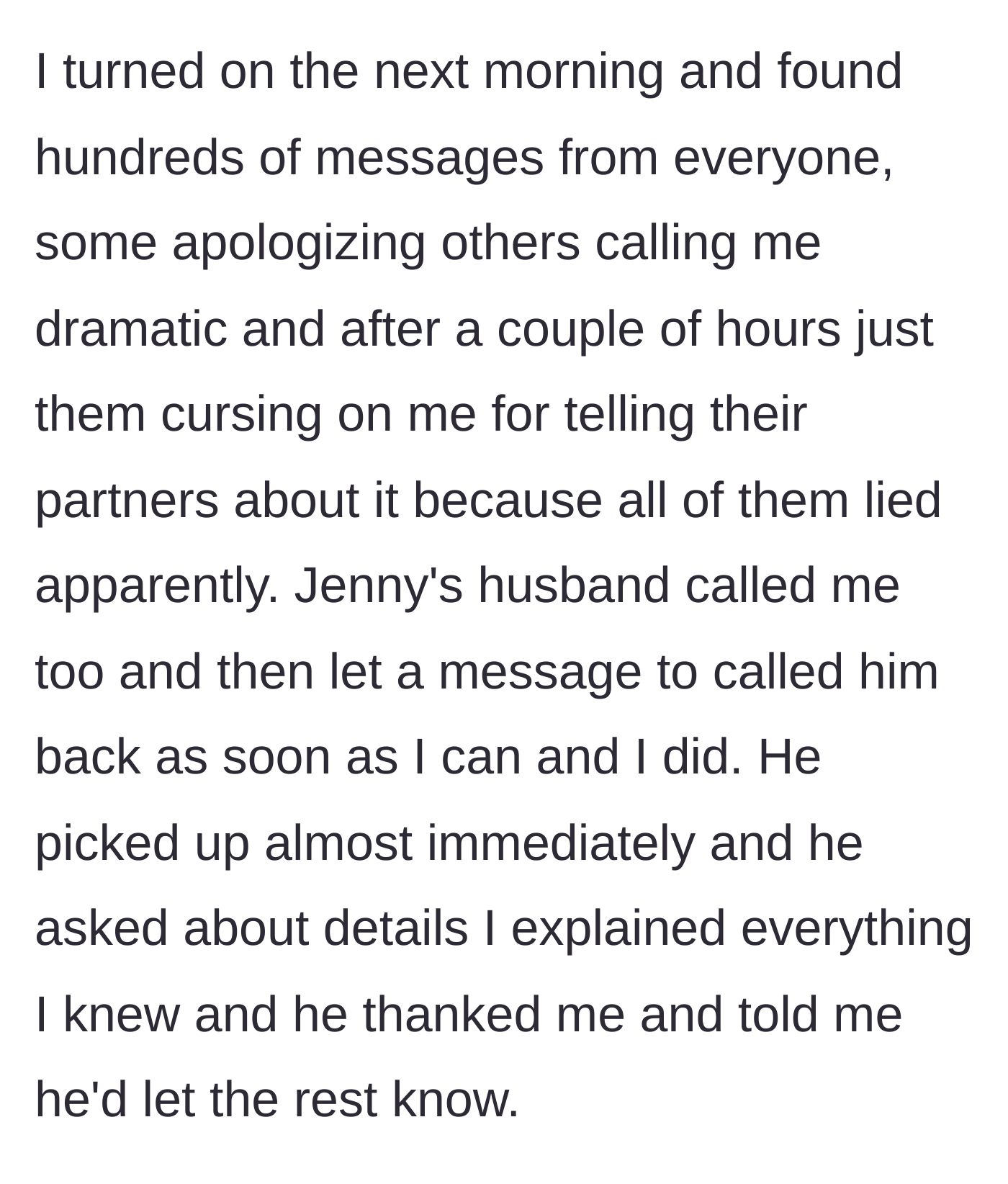 Story part 4 - The bride wakes up to hundreds of angry messages from friends who lied to their partners, and she receives a call from the ringleader's husband.