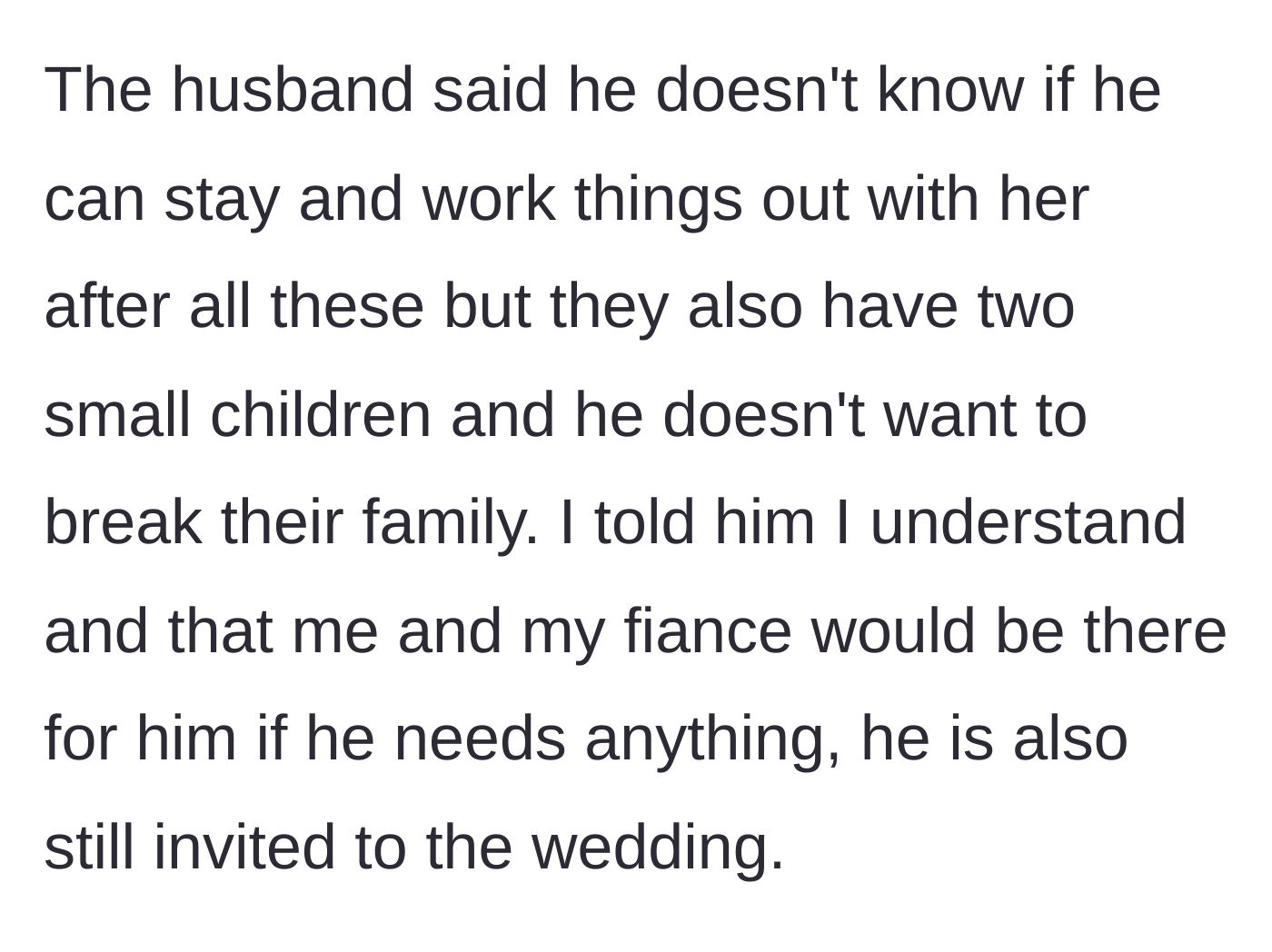 Story part 8 - Jenny's husband considers divorce but worries for his kids; the bride offers him support and keeps his wedding invitation valid.