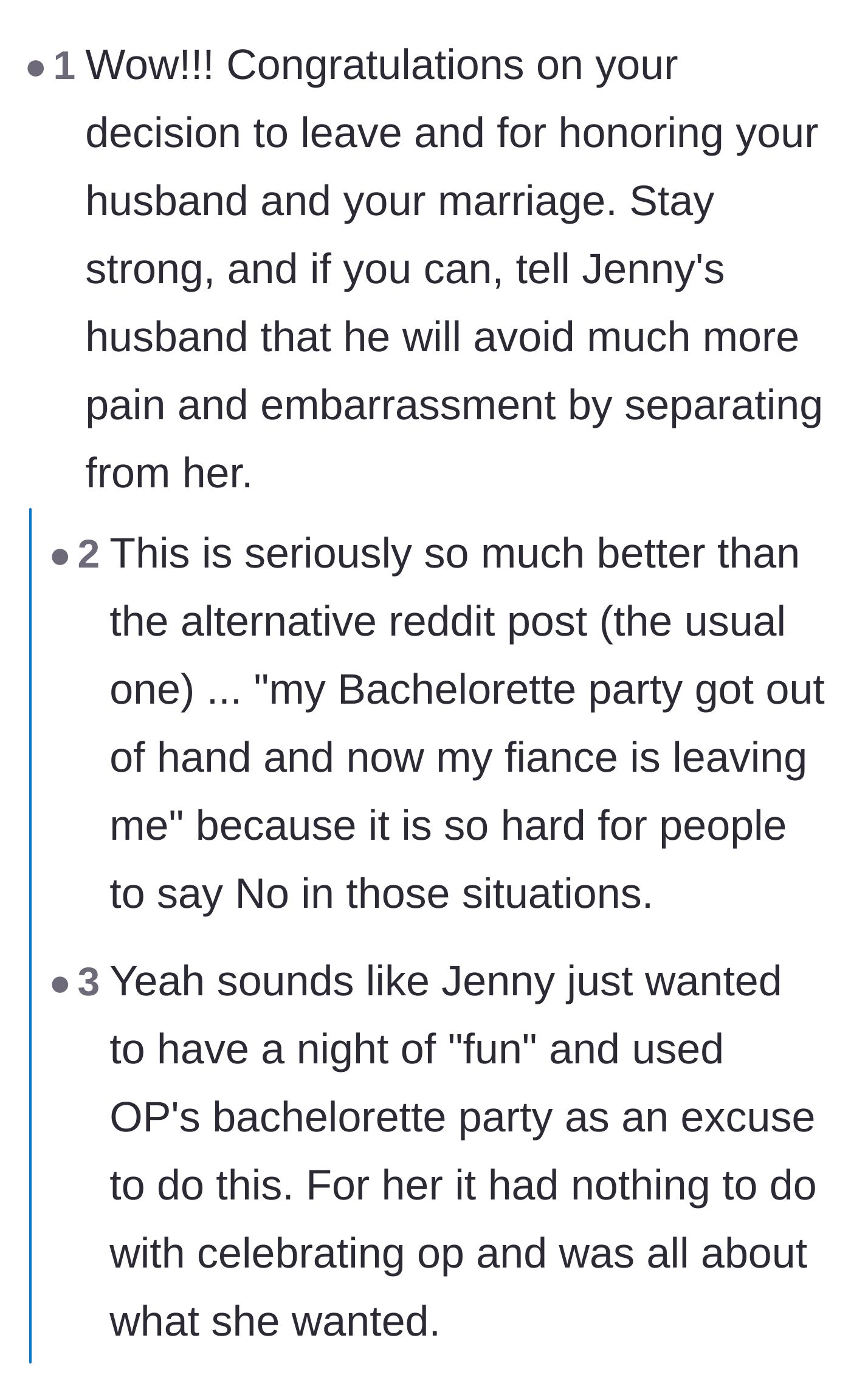 Comment thread 1 - Praise for the bride honoring her marriage and setting strict boundaries.