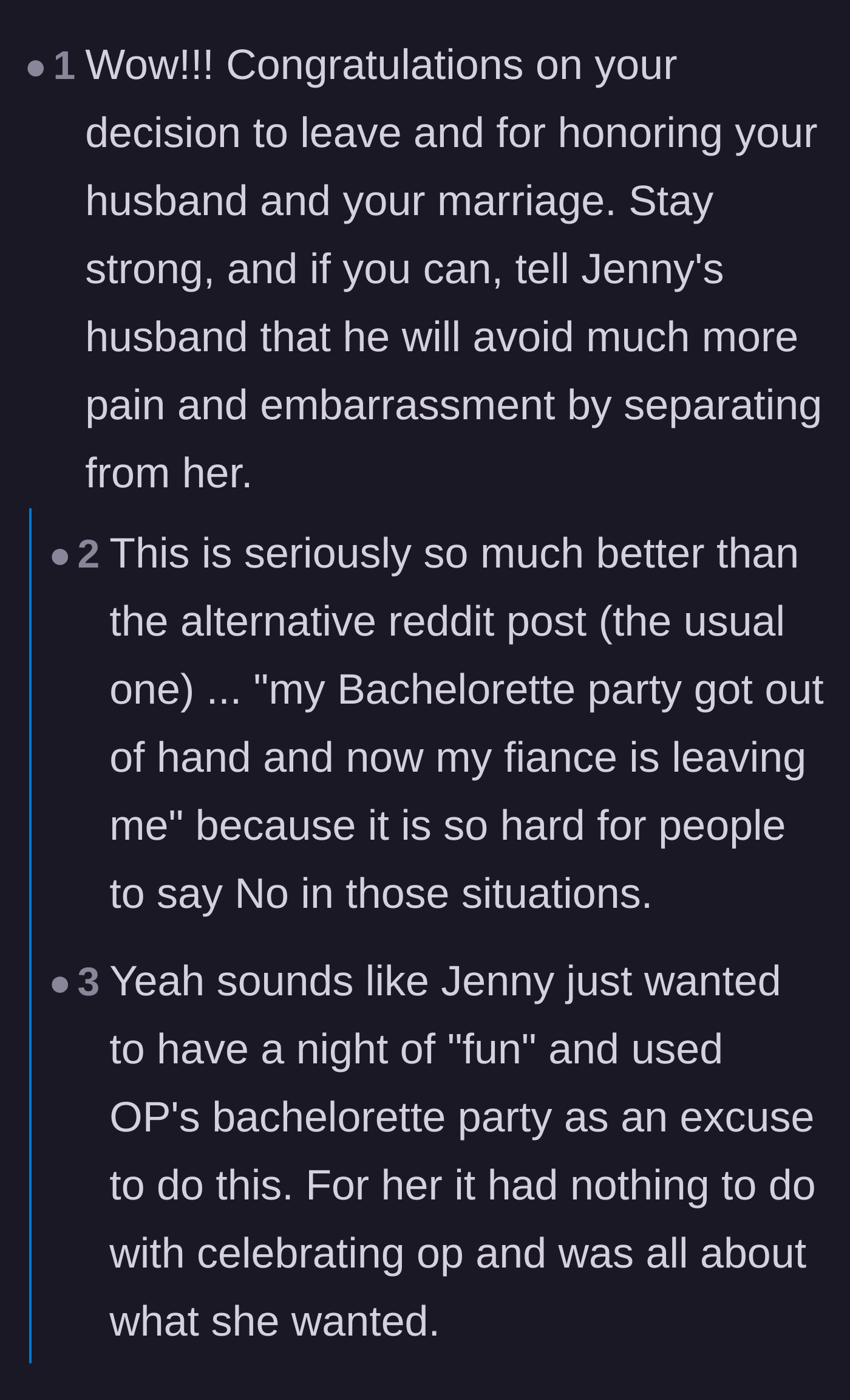 Comment thread 1 - Praise for the bride honoring her marriage and setting strict boundaries.