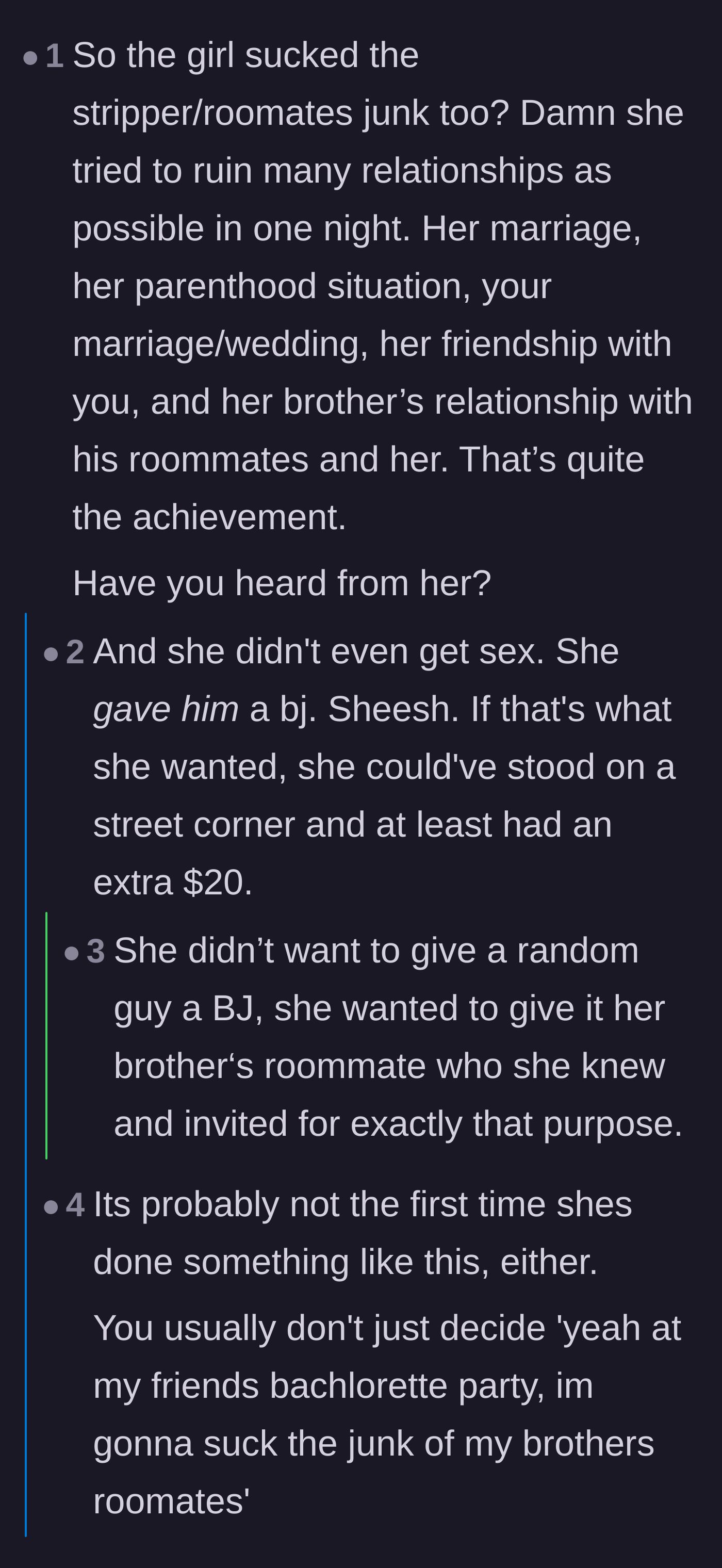 Comment thread 2 - A breakdown of all the relationships Jenny destroyed in a single night.